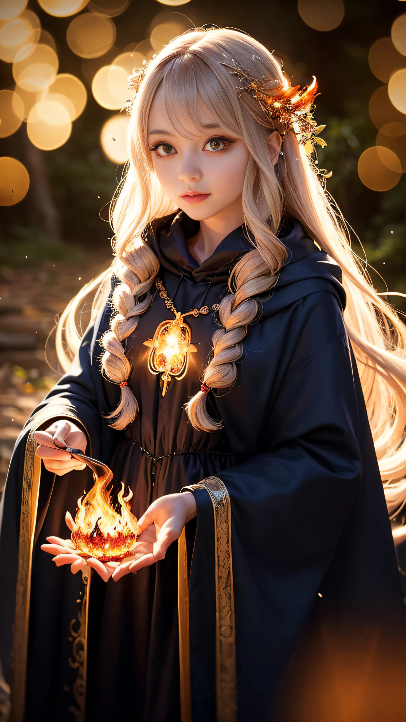 Super beautiful glowing big eyes、((1womanl))、a sorceress、magia、Wearing a long dress made of light、magical forest、A flowing、(((firey))magia)、Tight magician's clothes、Magic clothes、(((Flowing hairstyle)))、(((radiant eyes)))、Wearing a cloak、((bokeh dof))、depth of fields、