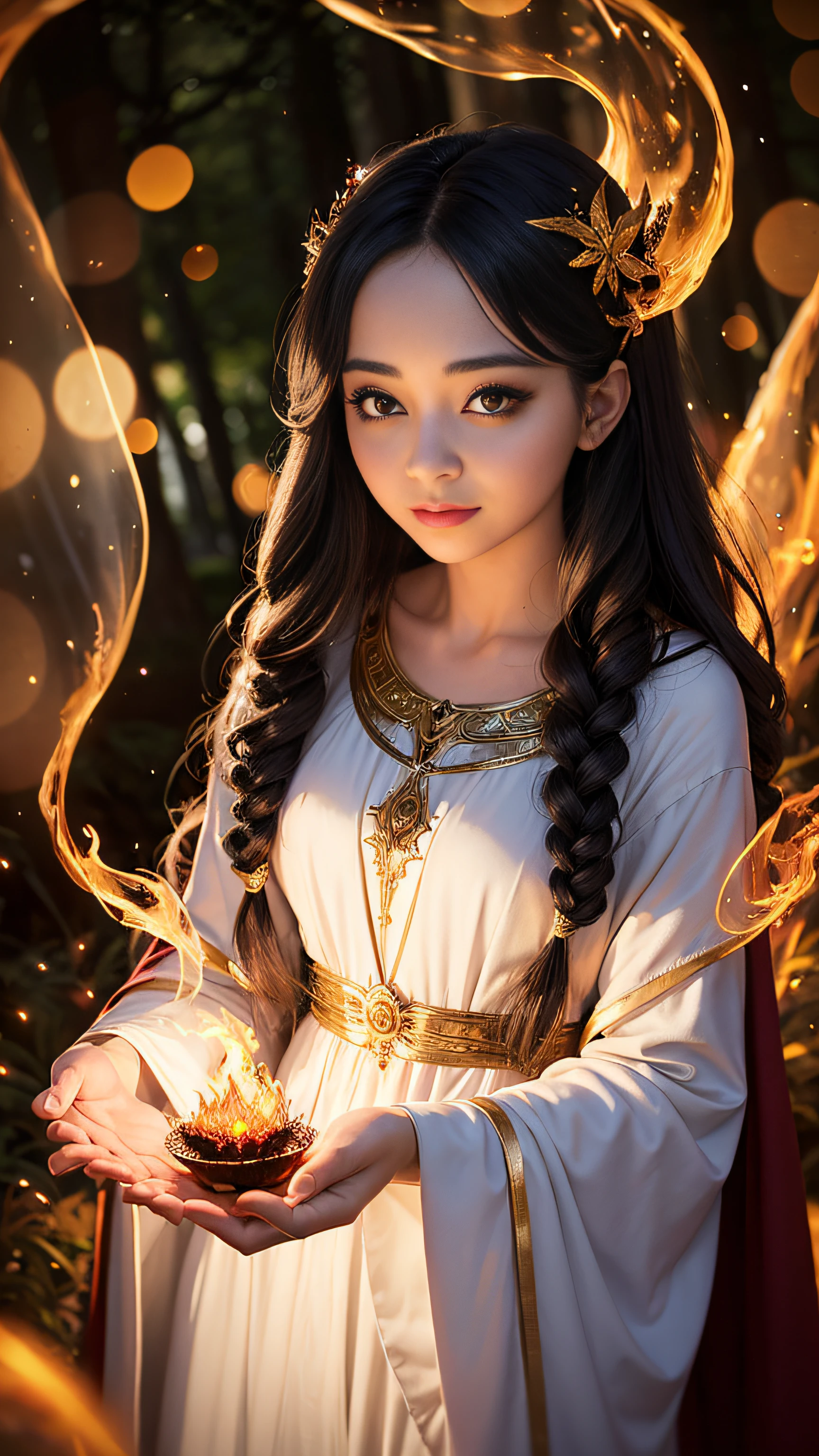 Super beautiful glowing big eyes、((1womanl))、a sorceress、magia、Wearing a long dress made of light、magical forest、A flowing、(((firey))magia)、Tight magician's clothes、Magic clothes、(((Flowing hairstyle)))、(((radiant eyes)))、Wearing a cloak、((bokeh dof))、depth of fields、