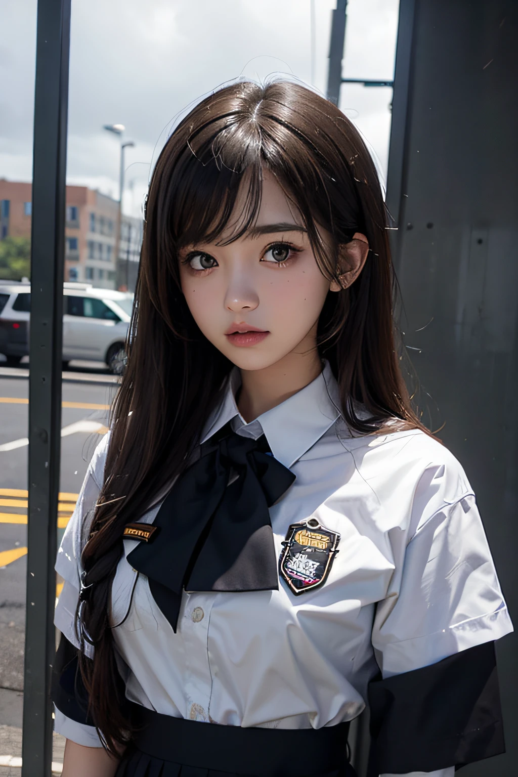 high school girl, overcast sky, soaked, uniform