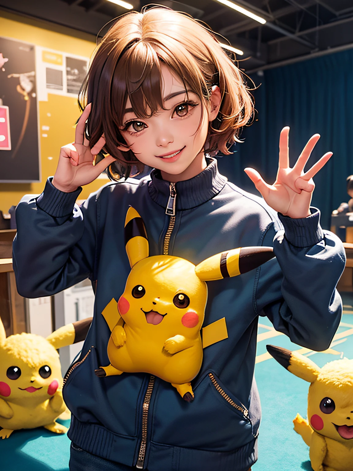 The cute little Pikachu greeted me with a wave and a smile in front of the theater, illusory engine, cozy indoor lighting, Art Station, Detailed digital painting, Cinematic, Character designer (Style Alliance,)