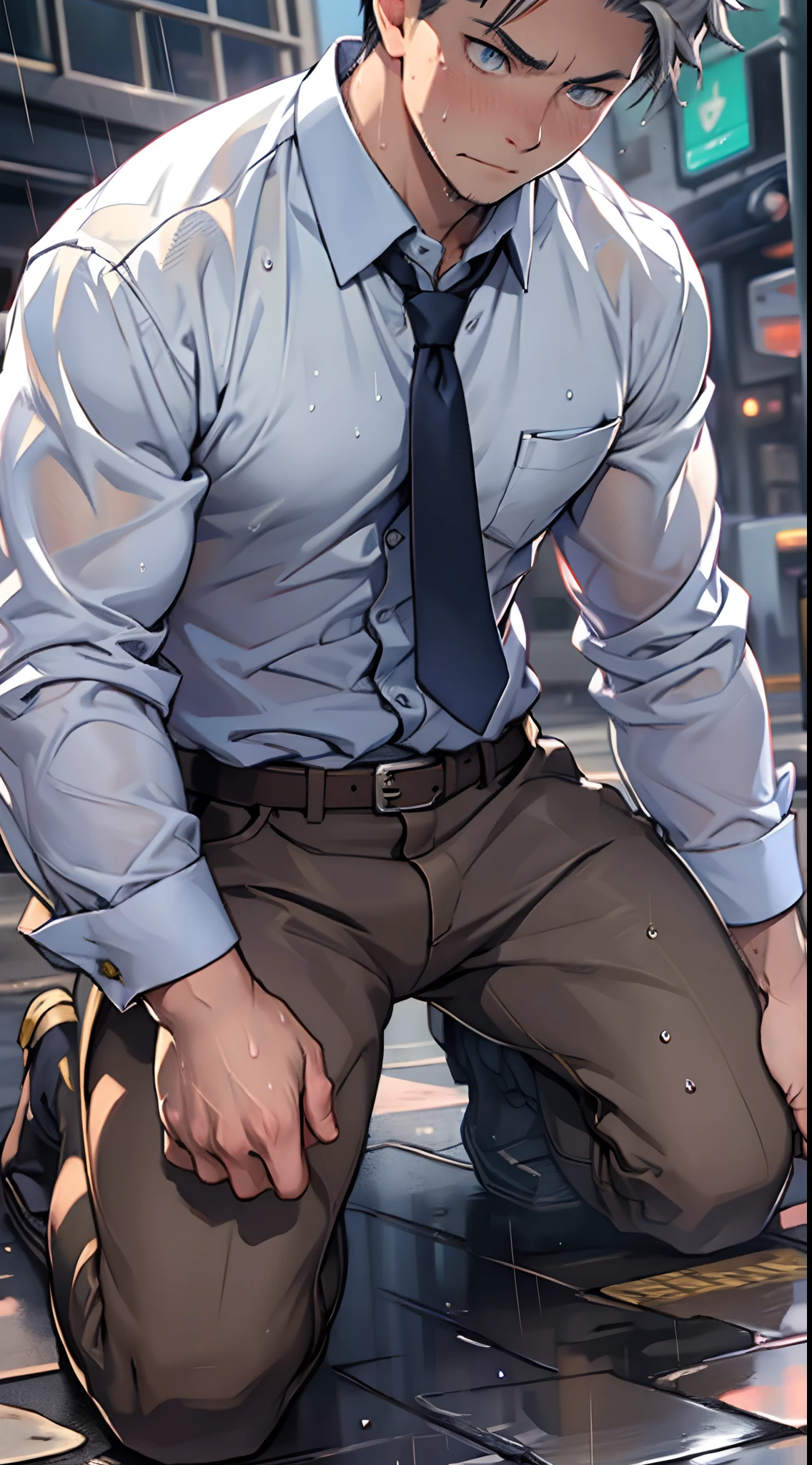 （1 Adult male），A high resolution， Sharp focus， Pixiv masterpiece， （（Complicated details））， highly  detailed， natsuki_subaru， 1 man，Defeat， crestfallen，full bodyesbian，kneels on the ground， Sweaty crotch，Drenched，rain，The shirt is soaked，（A gesture of pleading），blue color eyes（eyes glowing）， Short gray hair，white  shirt，Wear a tie，Wear a belt，perspire，look from down