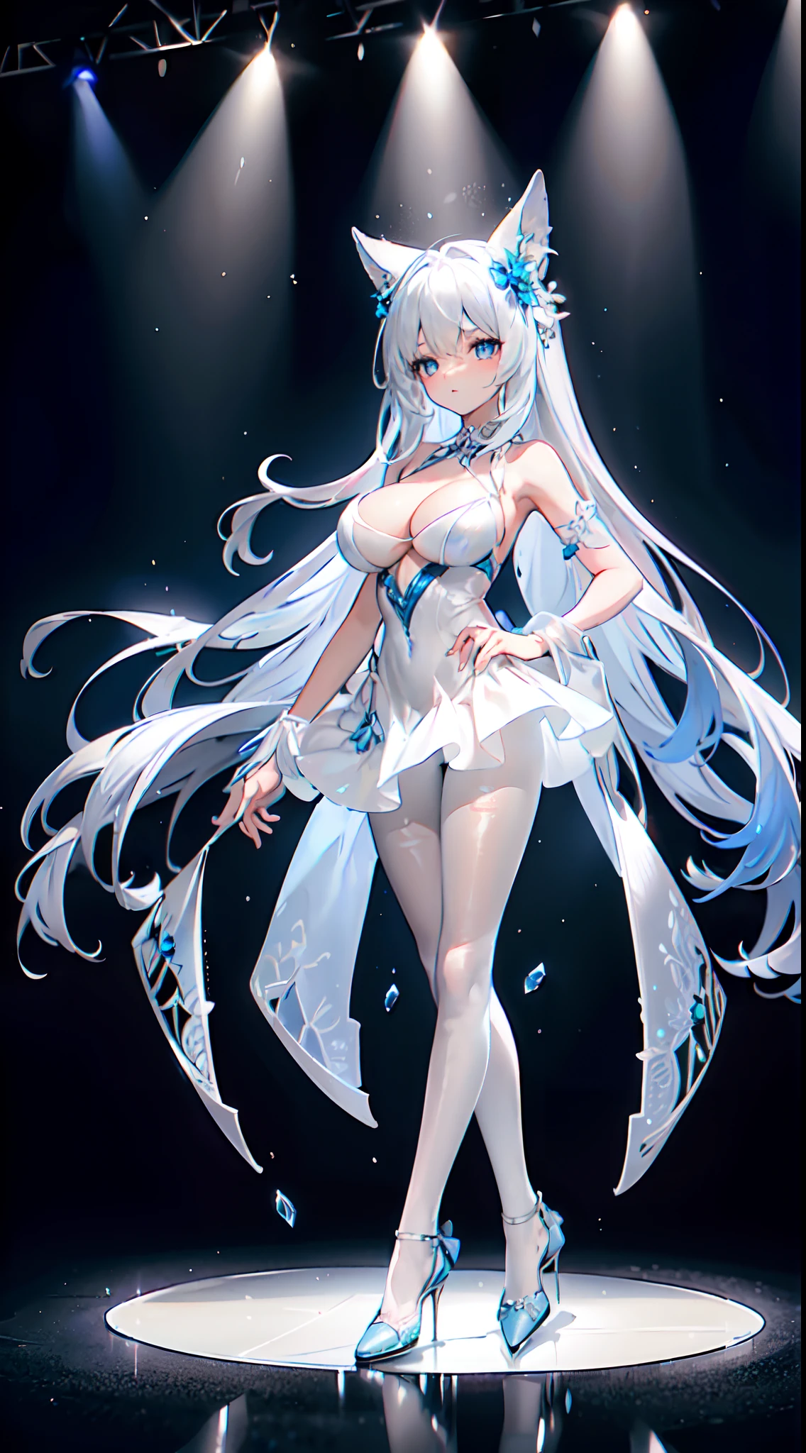 a 20-year-old girl,large breast, cleavage,by blue ice flowers, a girl wearing an evening dress dancing in it, white pantyhose, high heels, the whole body, flowing exaggerated white long hair, blue light through the skirt, the main body of the figure, the background surrounded, dancing, (standing on ice),