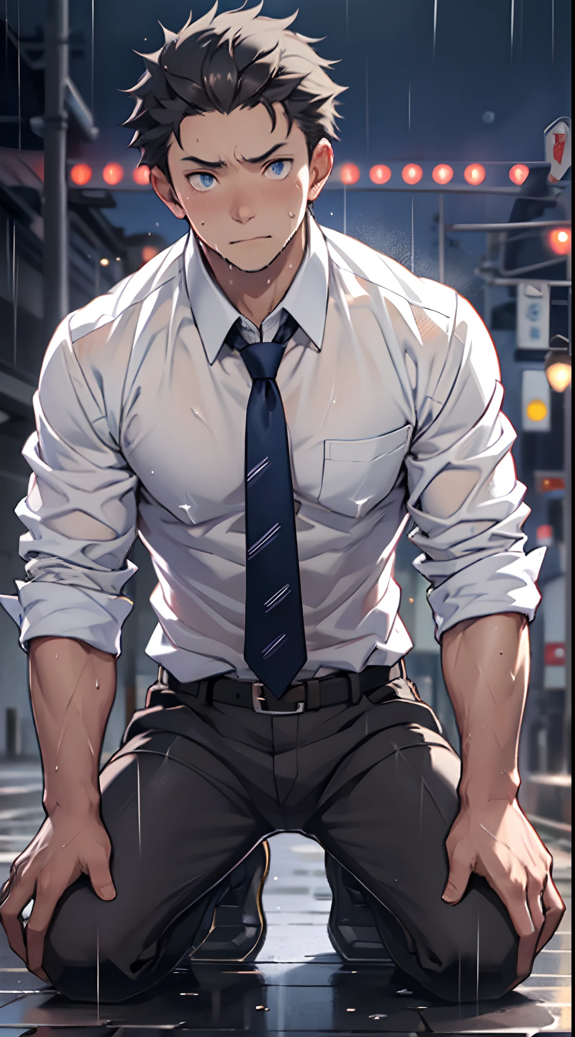 (1 Adult male),A high resolution, Sharp focus, Pixiv masterpiece, ((Complicated details)), highly detailed, natsuki_subaru, 1 man,Defeat, crestfallen,full bodyesbian,kneels on the ground, Sweaty crotch,Drenched,rain,The shirt is soaked,(A gesture of pleading),blue color eyes(eyes glowing), Short gray hair,white shirt,Wear a tie,Wear a belt,perspire,look from down