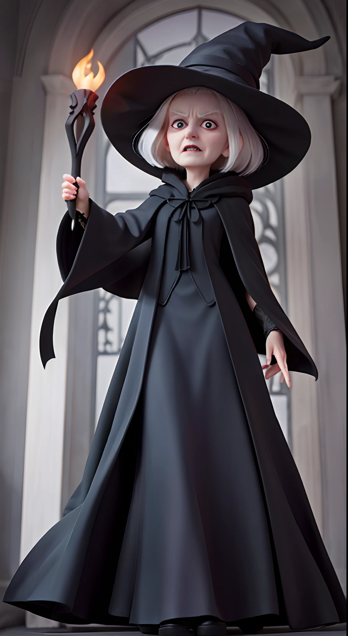 The 70-year-old white-haired witch wears a long black cloak,Long black dress,full bodyesbian,Evil expression,Hold the scepter in your left hand