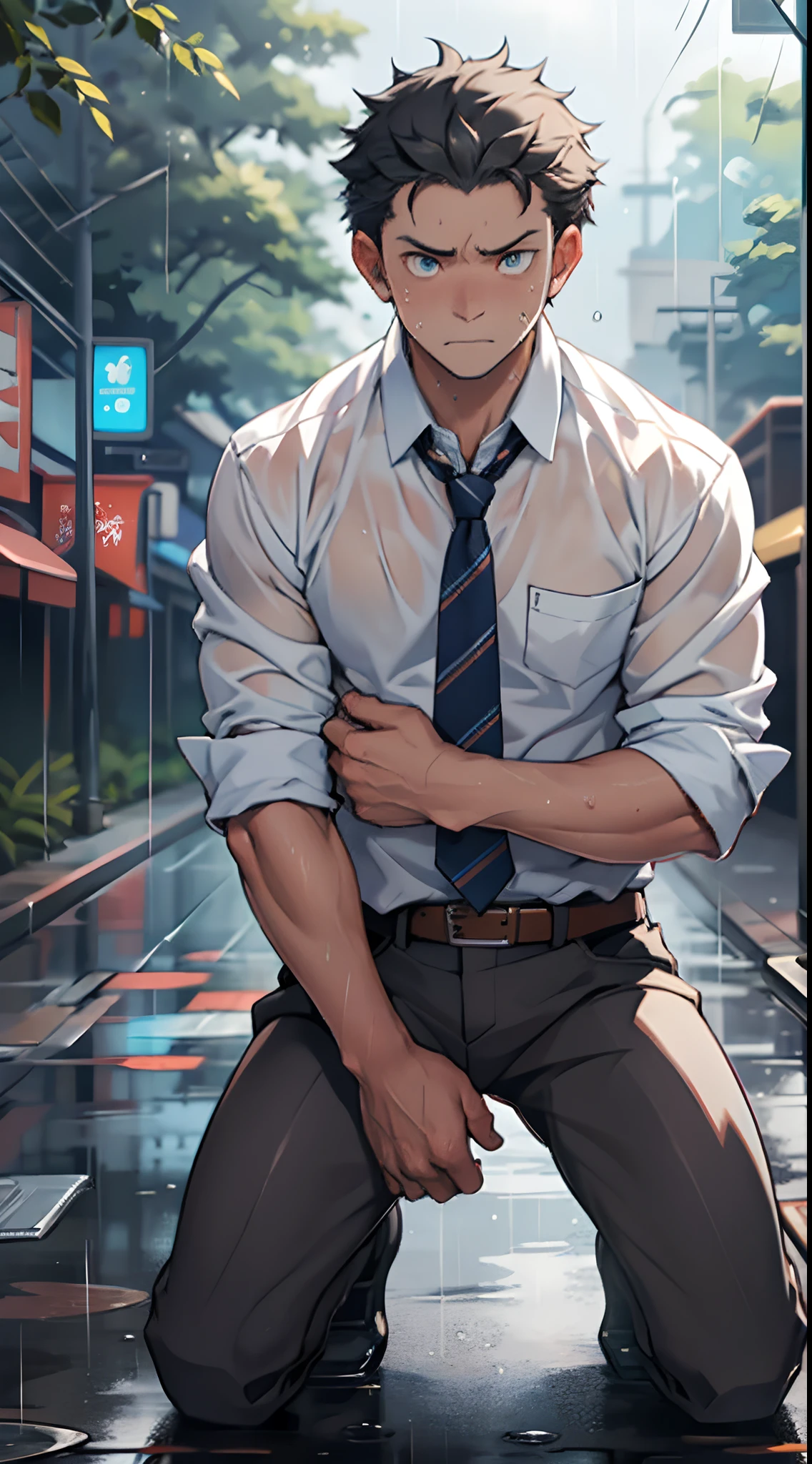 (1 Adult male),A high resolution, Sharp focus, Pixiv masterpiece, ((Complicated details)), highly detailed, natsuki_subaru, 1 man,Defeat, crestfallen,full bodyesbian,kneels on the ground, Sweaty crotch,Drenched,rain,The shirt is soaked,(A gesture of pleading),blue color eyes(eyes glowing), Short gray hair,white shirt,Wear a tie,Wear a belt,perspire,look from down