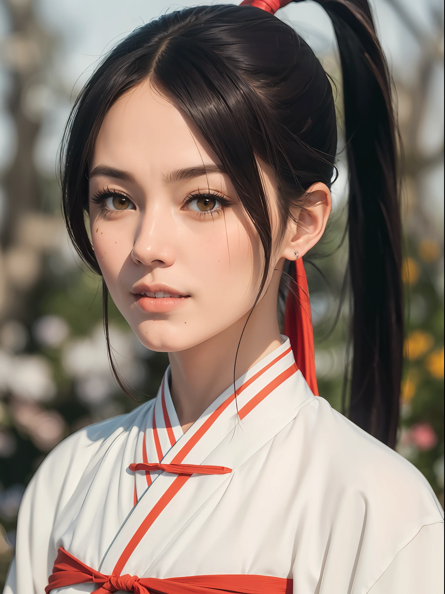 (masterpiece, best quality:1.4), (close up:1.5), sagiri, brown hair, red ribbon, hair ribbon, looking at viewer, outdoors, ponytail, standing, kimono, white kimono, obi, wide sleeves, cowboy shot, cherry blossom, sexy smile,  beautiful face, highly detailed face, highly detailed eyes,  highly detailed skin, skin pores, subsurface scattering, realistic pupils, full face blush, full lips, detailed background, depth of field, volumetric lighting, sharp focus, absurdres, realistic proportions, good anatomy, (realistic, hyperrealistic:1.4), 16k hdr,