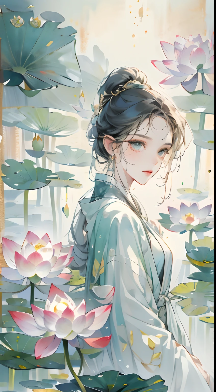 （Best picture quality，tmasterpiece，aquarelle，Splash ink），A delicate portrait of a girl，Cool temperament，Lotus leaf，lotuses