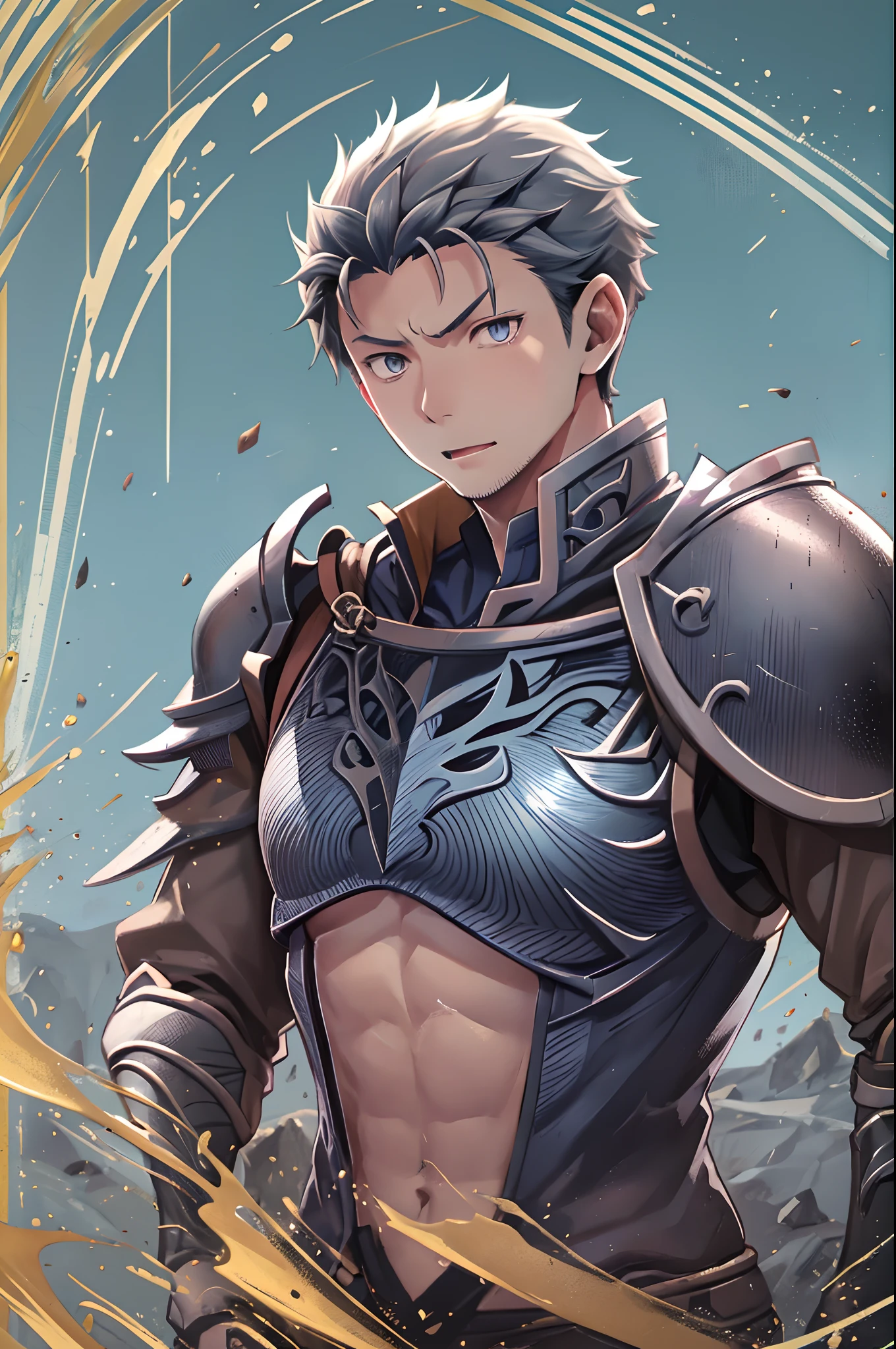 （1 Adult male），Tall and strong，Masculine tough guy，hale and hearty，Handsome，Handsome，A high resolution， Sharp focus， Pixiv masterpiece， （（Complicated details））， highly  detailed， natsuki_subaru， 1 man， with her mouth open，full bodyesbian， blue colored eyes（eyes glowing）， with short white hair，Armour，cloaks，Shoulder armor，perspire，look from down