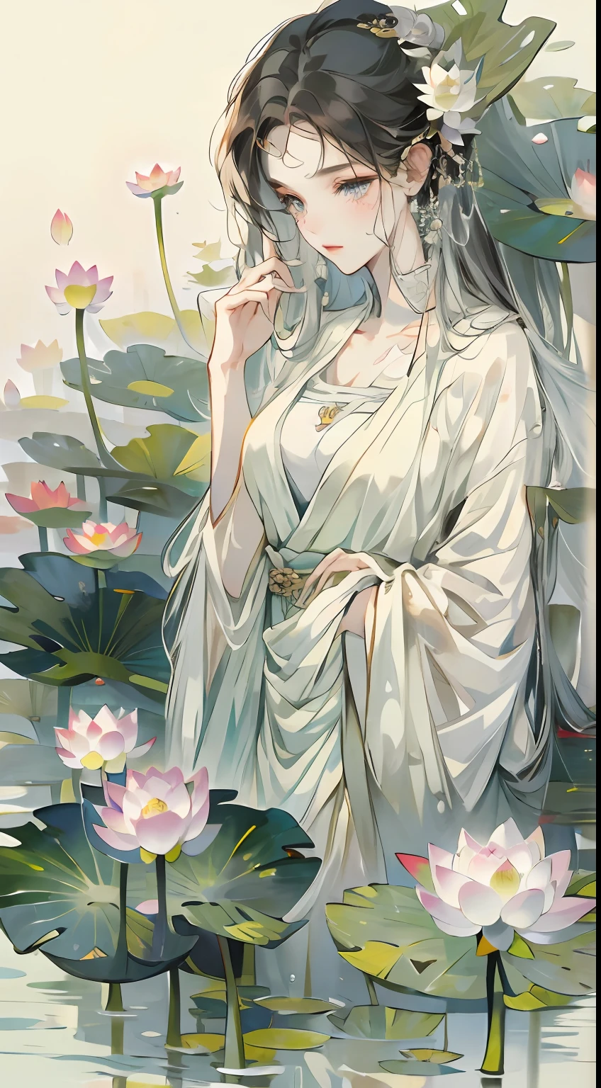 (Best picture quality,tmasterpiece,aquarelle,Splash ink),A delicate portrait of a girl,Cool temperament,Lotus leaf,lotuses
