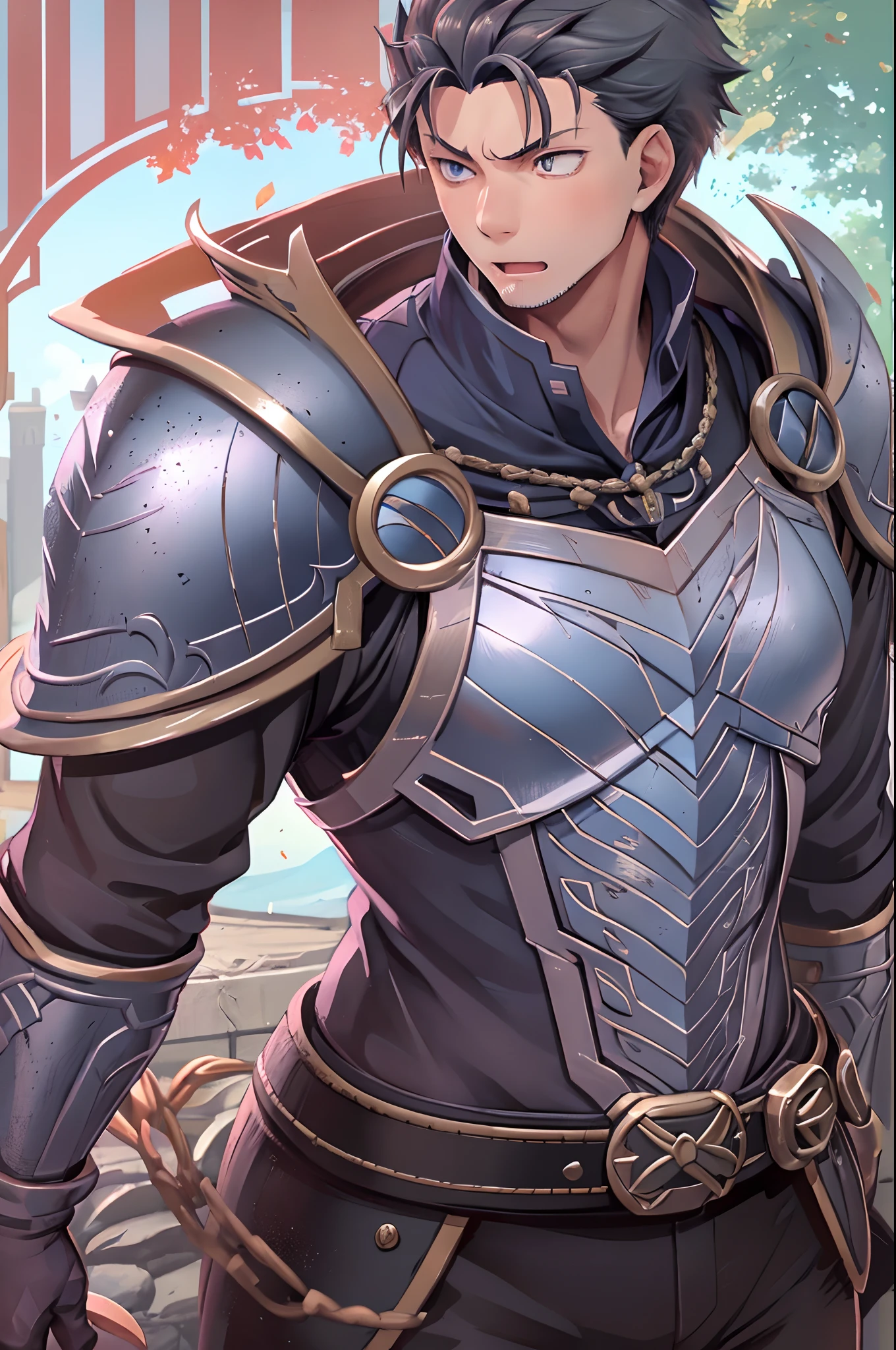 (1 Adult male),Tall and strong,Masculine tough guy,hale and hearty,Handsome,Handsome,A high resolution, Sharp focus, Pixiv masterpiece, ((Complicated details)), highly detailed, natsuki_subaru, 1 man, with her mouth open,full bodyesbian, blue colored eyes(eyes glowing), with short white hair,Armour,cloaks,Shoulder armor,perspire,look from down