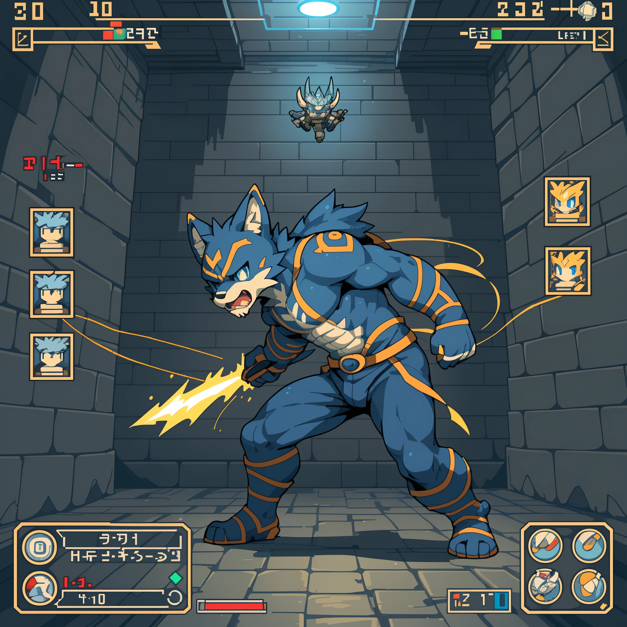 highres, absurdres(highly detailed beautiful face and eyes)perfect anatomy(kemono, furry anthro)(super handsome boy, solo, single)good lighting, cinematic shadow, detailed background, User Interface of Action game, dots game, pixel art, dungeon, Crisis, assorted poses, assorted expression, full body, sound effects, motion blur, from side,