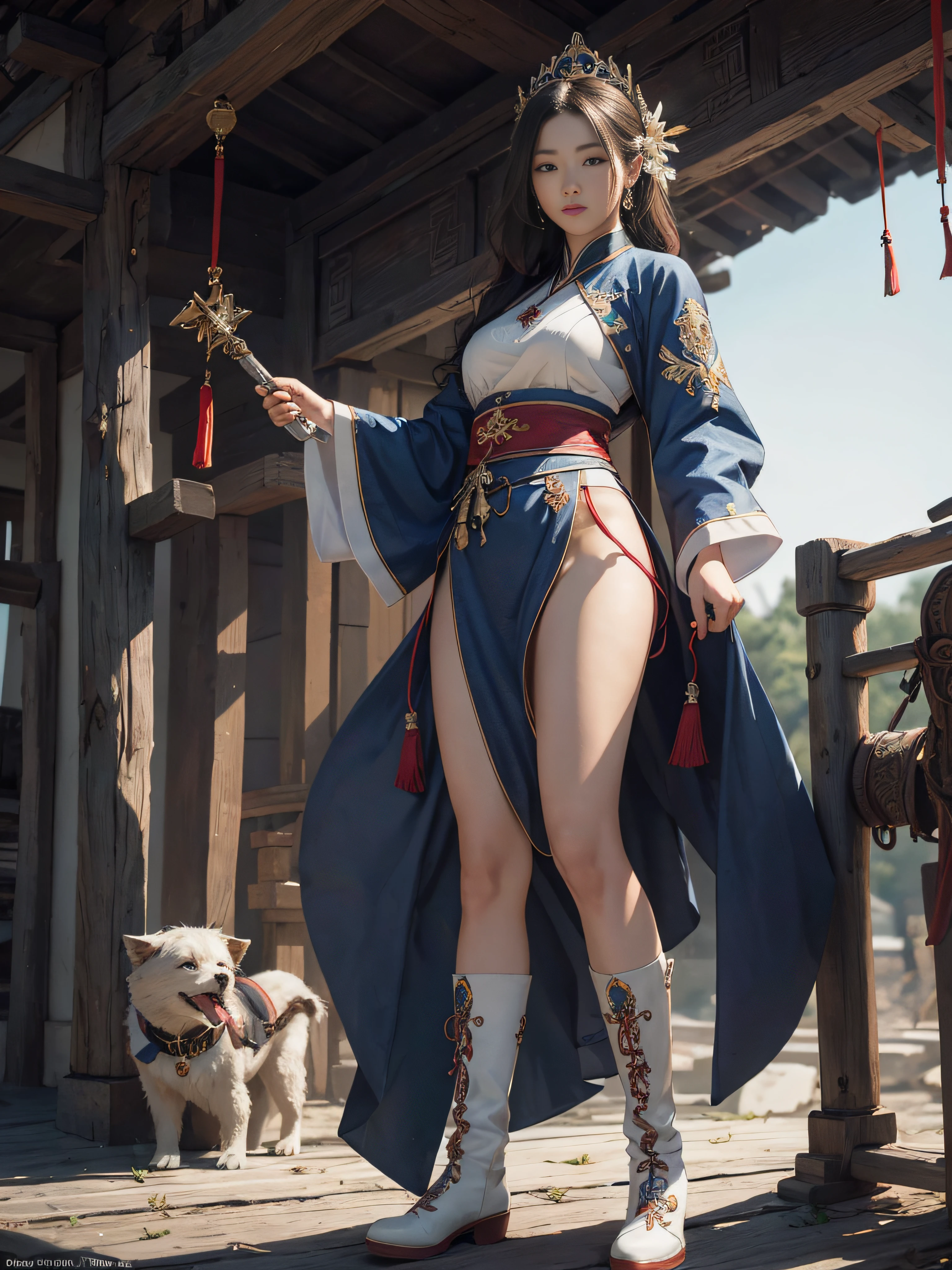 Royal sister，swordsmen，Big sister type，Oriental women，gallant woman，Cold sass，Different styles,tmasterpiece,A high resolution,,Absolutely beautiful,，（Wide buttock：1.4），（Thick legs：1.4），are standing，exquisitedetails,A high resolution,Wallpapers,1female,独奏,，enchanted、Raised sexy， A cruel expression，ancient wind，Hanfu,，is wearing a shorts，Wear boots，Over-the-knee white cotton socks exposed，A piece of cotton socks is revealed from the cuff of the boot，embroidery, natural poses,standing on your feet， Fanning，16K，HDR，A high resolution，depth of fields，Bocoon，prime time，Vignette，rainbowing