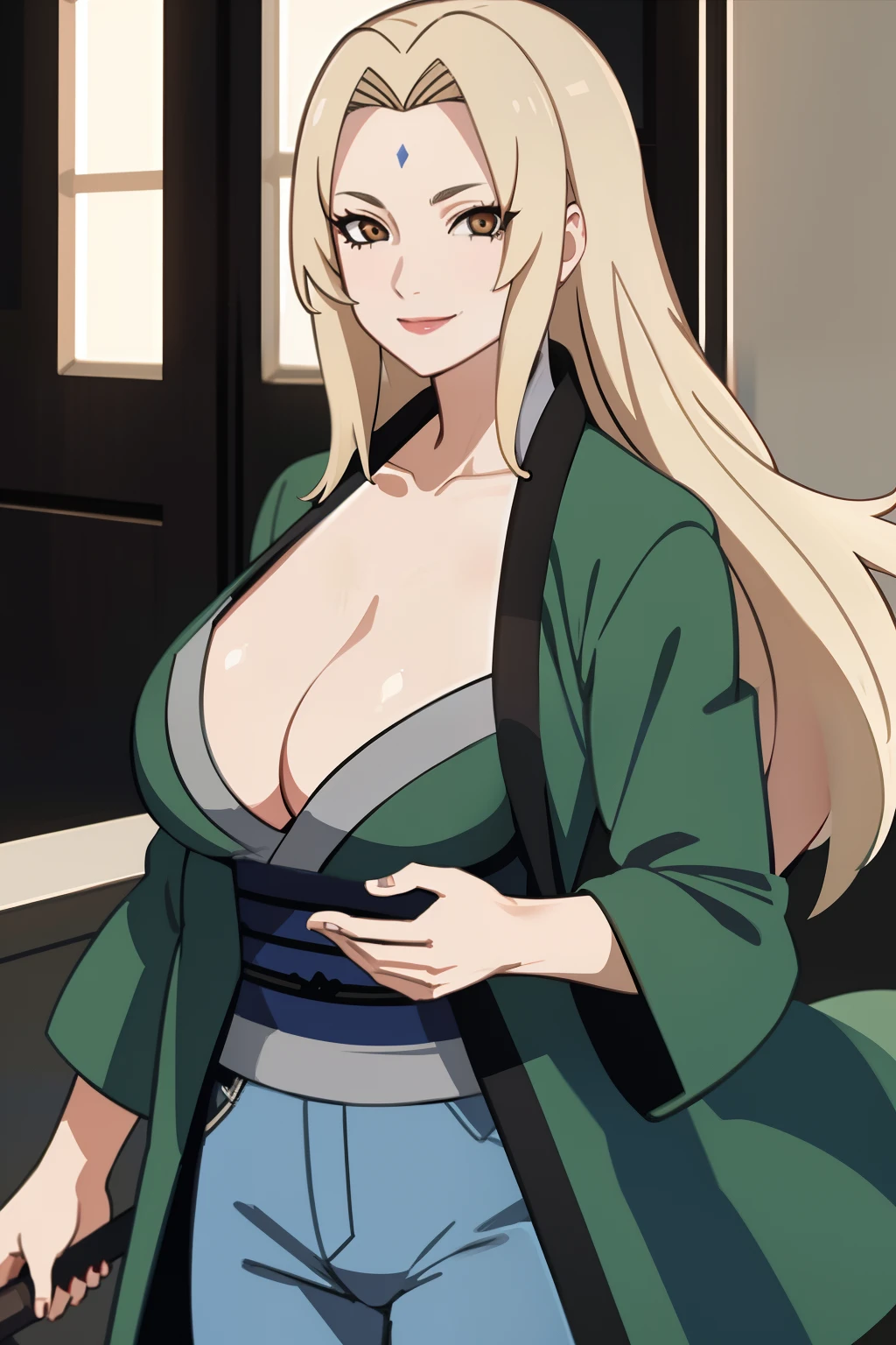 masterpiece, best quality, high contrast, professional photography, soft light, sharp focus, 1girl, smiling, Tsunade, blonde hair, large breasts, mature female, blue pants, green coat, chest bandage,beautiful brown eyes, cleavage, big breasts