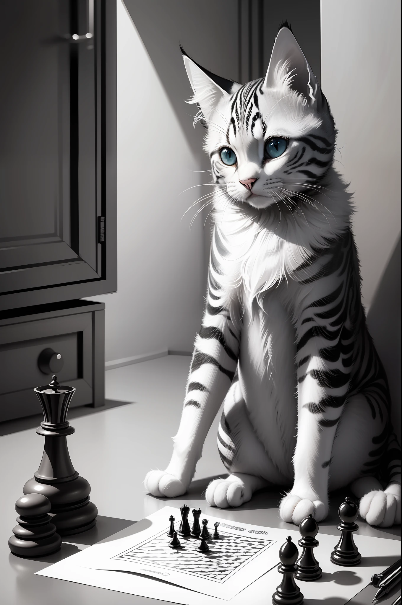 kitten playing chess facing forward, simple line art, colouring book