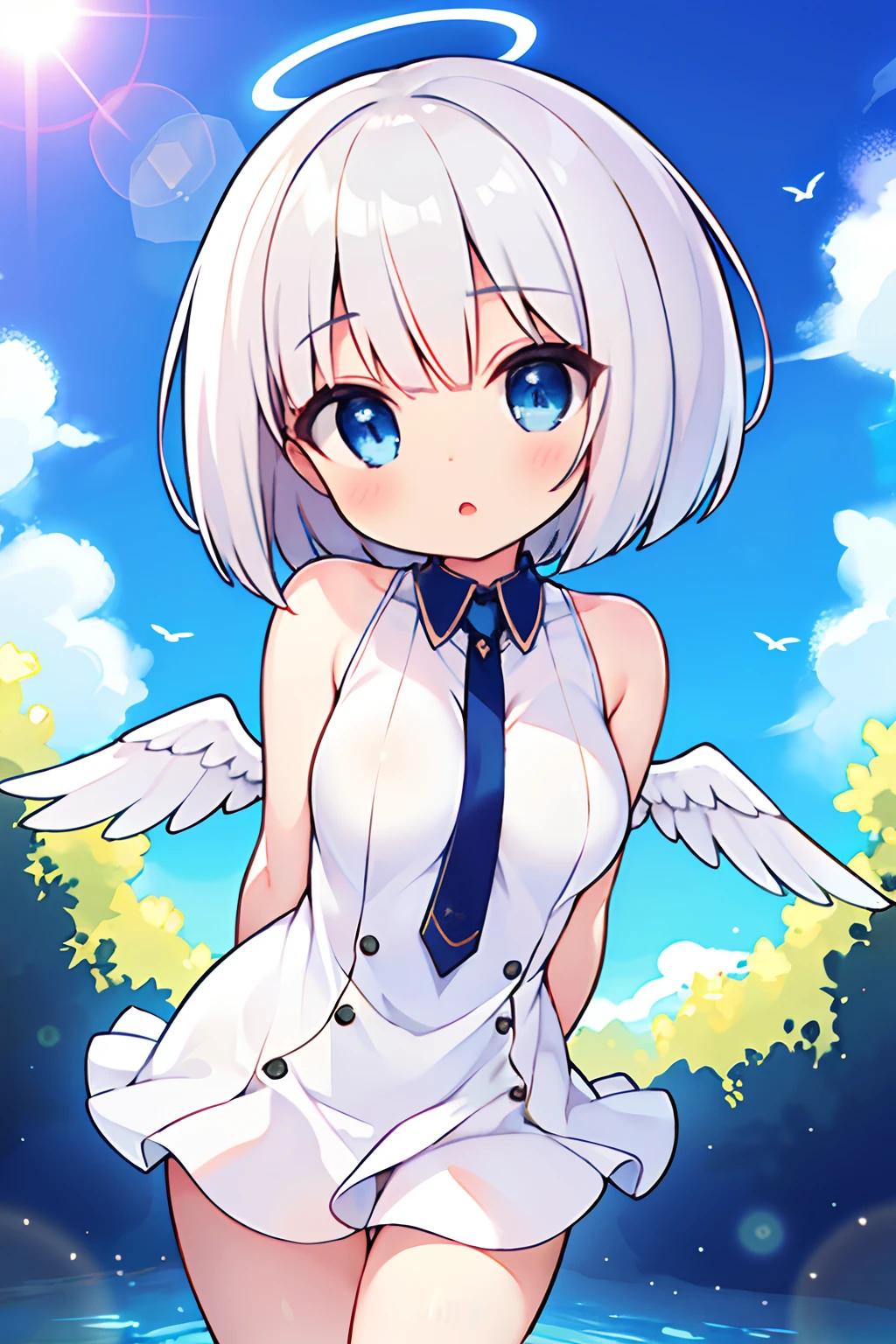 masterpiece, best quality, cute, ite,
short hair, bob cut, silver hair, blue eyes,  shirt, large breasts, halo, arms behind back, angel wings,
wind, looking at viewer, lens flare,