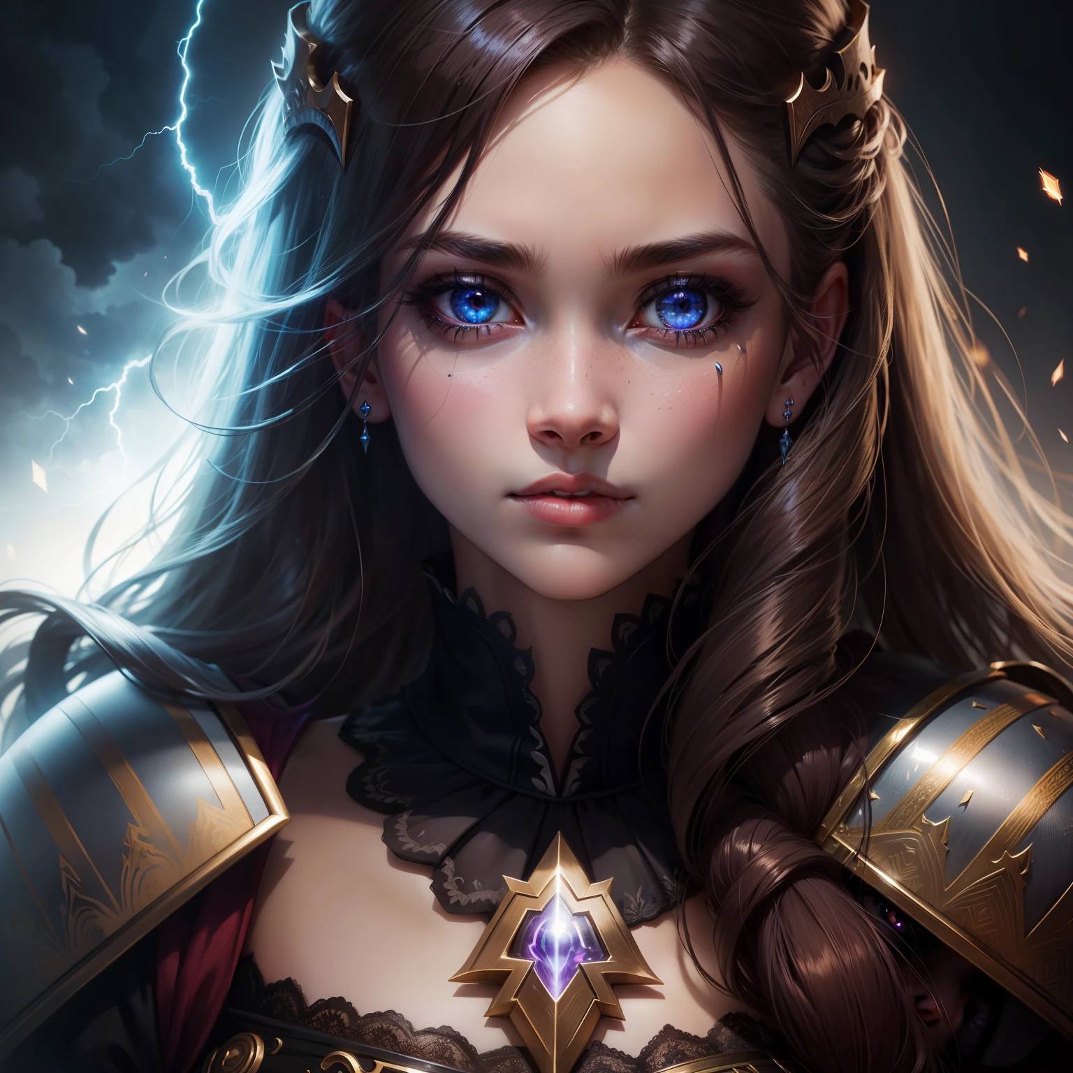 Beautiful princesse face portrait thunder glowing eyes hyper realistic super detailed