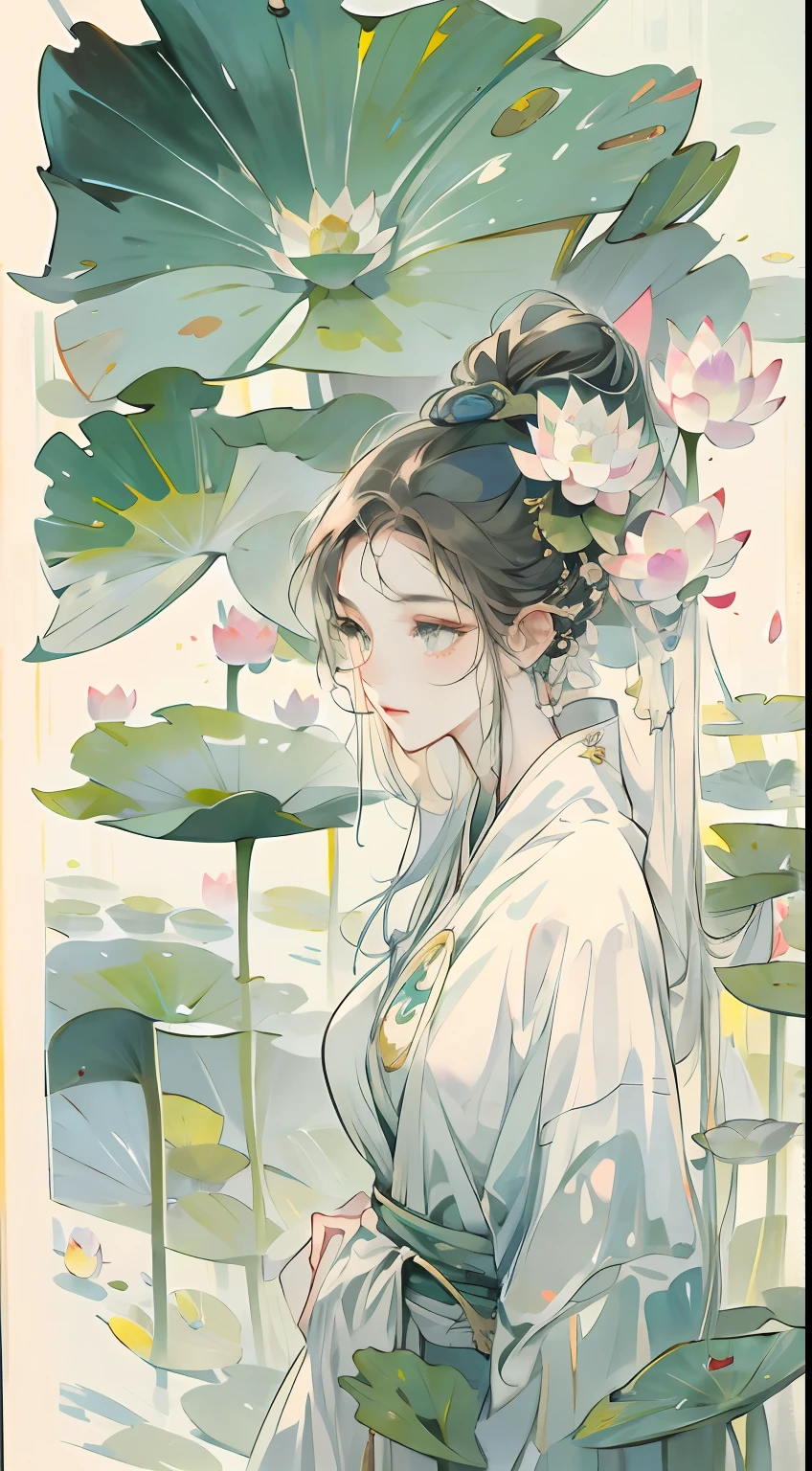 (Best picture quality,tmasterpiece,aquarelle,Splash ink),Delicate portrait of a girl,Cool temperament,Lotus,Lotus leaf,lotuses