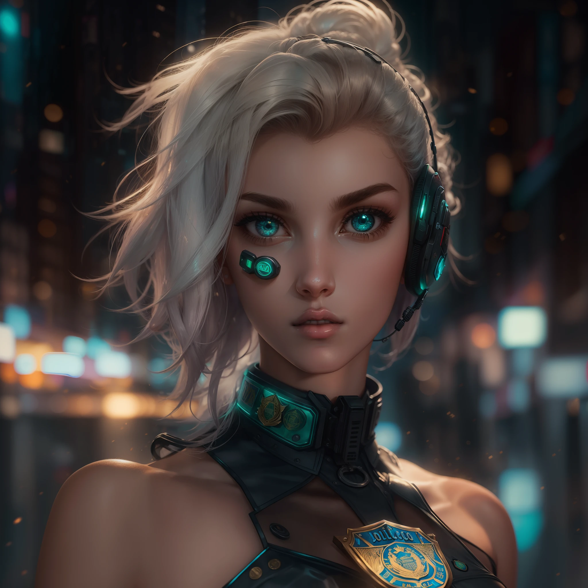 Retrato de anjo como uma bela modelo feminina pelada, georgia fowler, lindo rosto, com cabelo curto castanho escuro, In the Cyberpunk City at Night. She's not wearing anything, lighting dramatic, (police badge: 1.2)