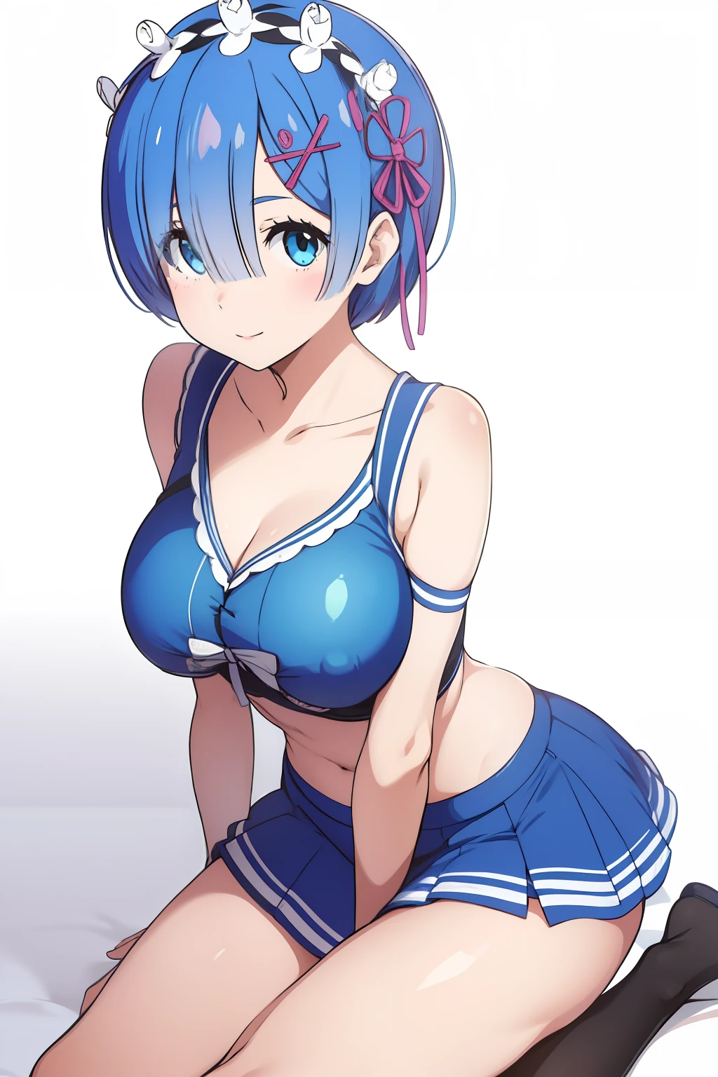 remrezero, 1girl, solamente, senos, Mirando al espectador, sonrojarse, They are smiling, pelo corto, ojos azules, adorno para el cabello, cinta, cabello azul, al aire libre, Mangas separadas, Pelo sobre un ojo, Sirvienta, tocado de sirvienta, x adorno para el cabello, cinta rosa, roswaal mansion maid uniform, fondo de la foto
