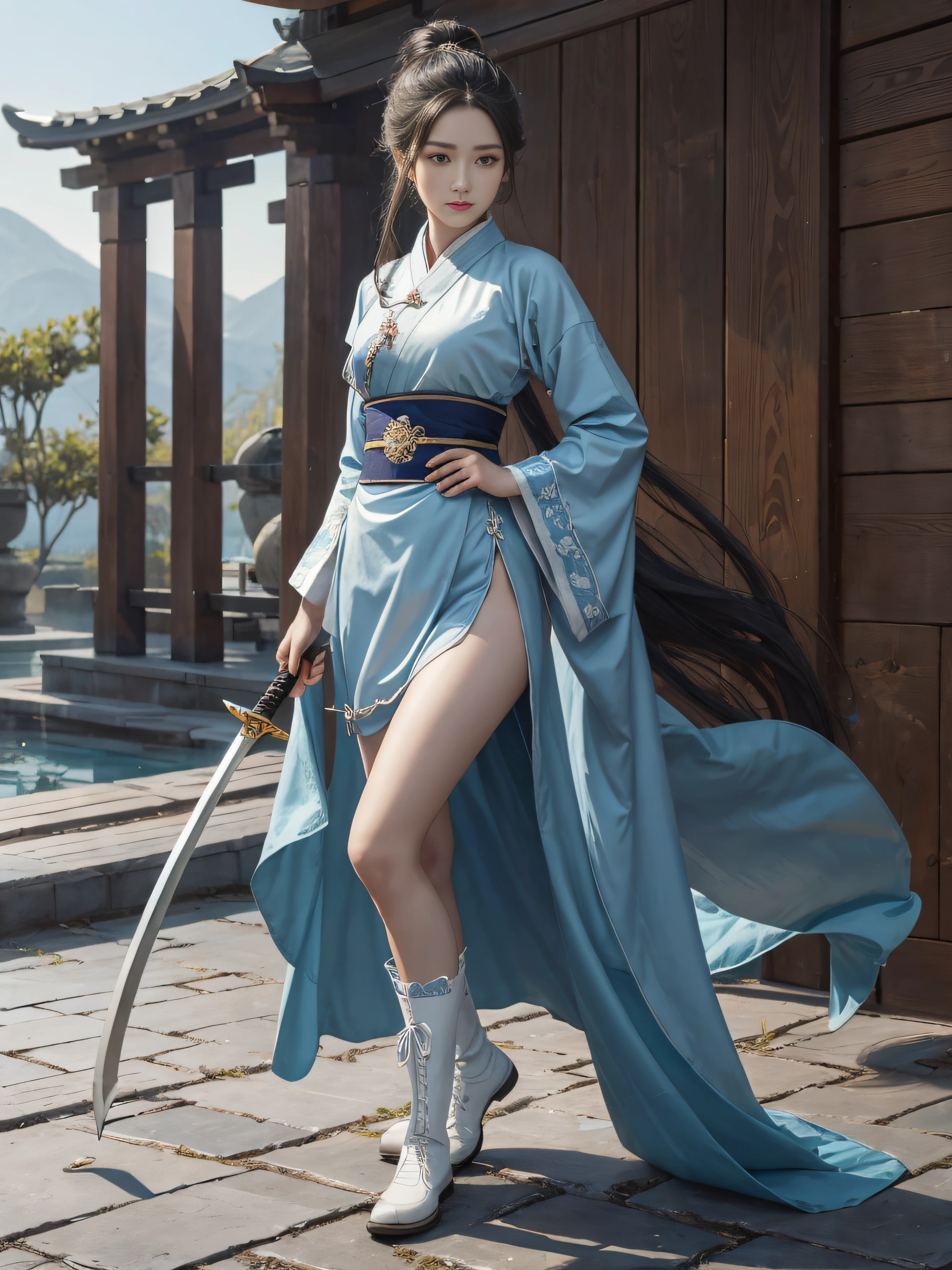 Royal sister,swordsmen,Big sister type,Oriental women,gallant woman,Cold sass,Different styles,tmasterpiece,A high resolution,,Absolutely beautiful,,(Wide buttock:1.4),(Thick legs:1.4),are standing,exquisitedetails,A high resolution,Wallpapers,1female,独奏,,enchanted、Raised sexy, A cruel expression,ancient wind,Hanfu,,is wearing a shorts,Wear boots,Over-the-knee white cotton socks exposed,A piece of cotton socks is revealed from the cuff of the boot,embroidery, natural poses,standing on your feet, Fanning,16K,HDR,A high resolution,depth of fields,Bocoon,prime time,Vignette,rainbowing