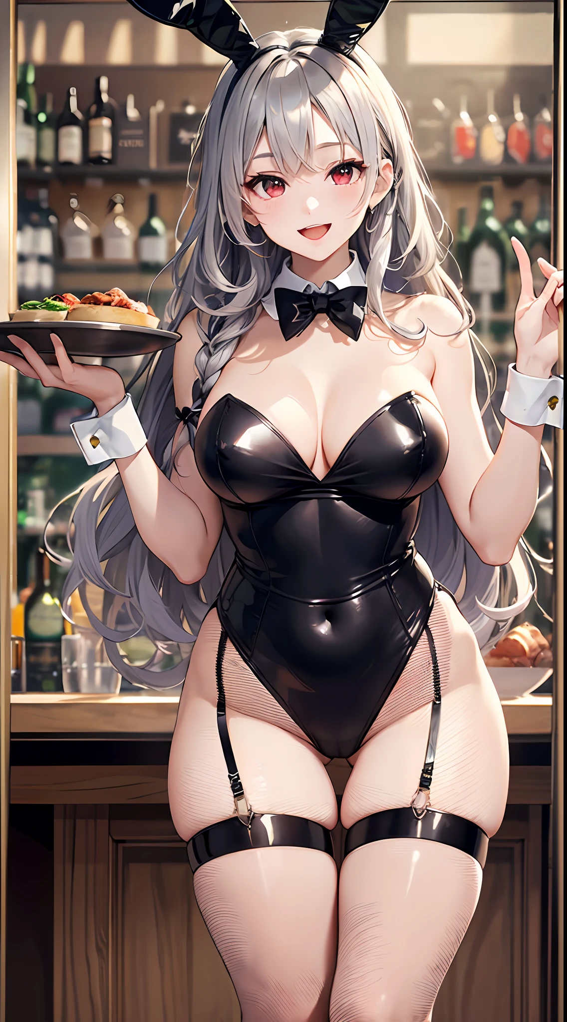 (top-quality、in 8K、32K、masterpiece、nffsw、ighly detailed、Impresionismo、Photorealsitic:1.2)、Full body, (a bar counter、shop front:1.4)、deep-shadows、detailed faces and eyes、beauitful face、blurry backround、20-year-old beauty、shinny skin, Beautiful wavy silver hair、 Tribraid、Red eyes、beauitful face、blurry backround、Playboy Bunny Girl、High-cut leotards、a bow tie、White cuffs、Thighs wrapped in fishnet stockings、Black rabbit ears、An embarrassed smile with an open mouth、Curve、Have a tray with food on it、