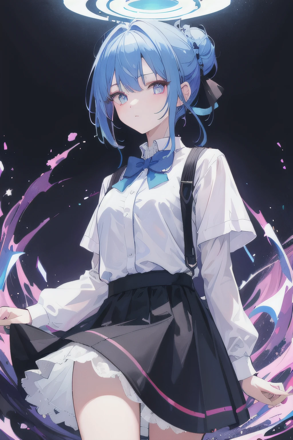 ((masterpiece)),(best quality),(detailed),(1girl), blue hair, pink glowing eyes, Updo, white shirt, black skirt, looking down on the viewer
