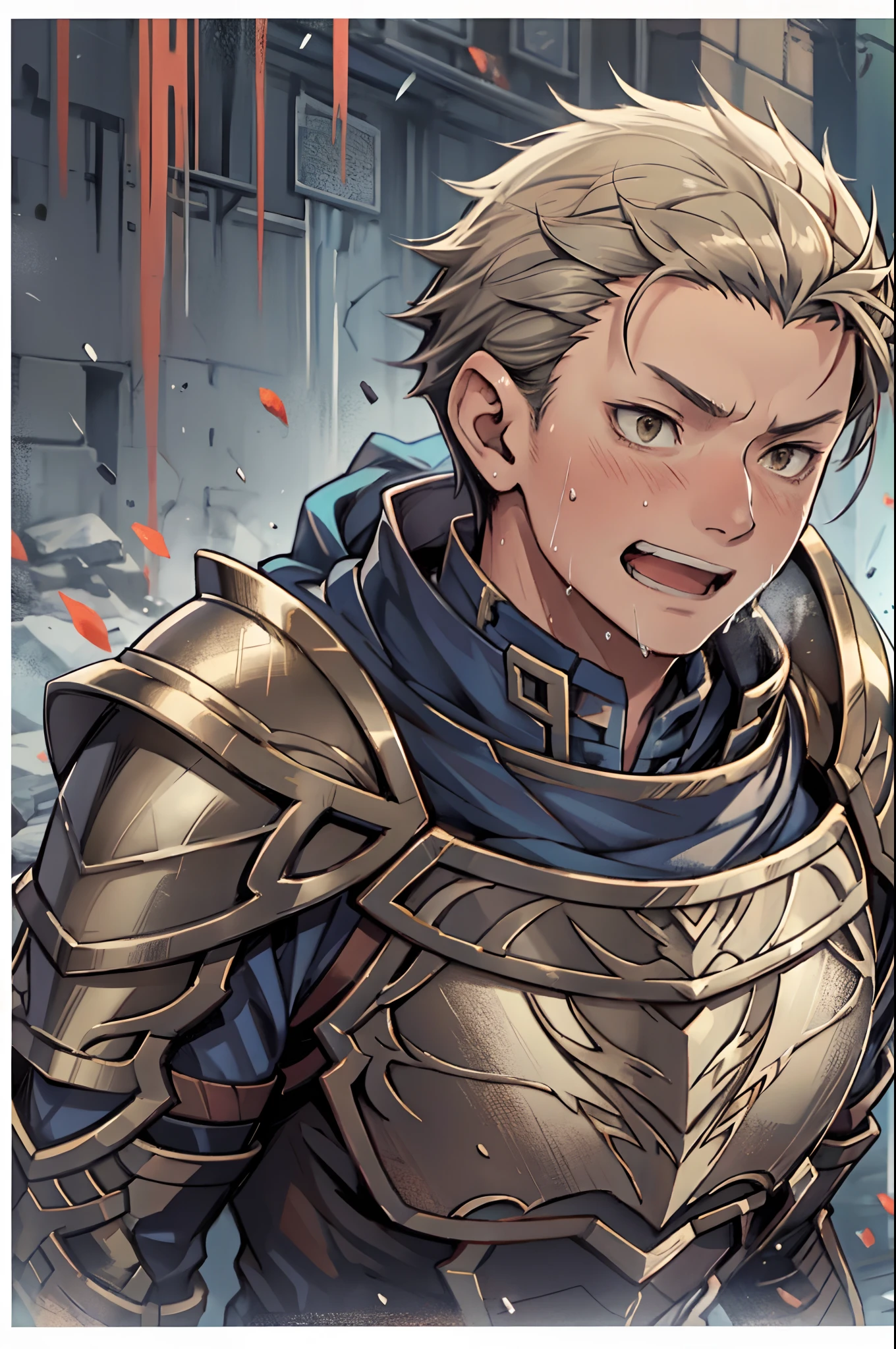 Hector Fey， 独奏， looking at viewert， Teasing laughter， Open your mouth，drools，perspire，Drenched，Get wet，mitts， 1 man， Male focus， Kneel，Defeat，implore，Flattering gestures，Cloak， Armour， Shoulder armor， look from down
