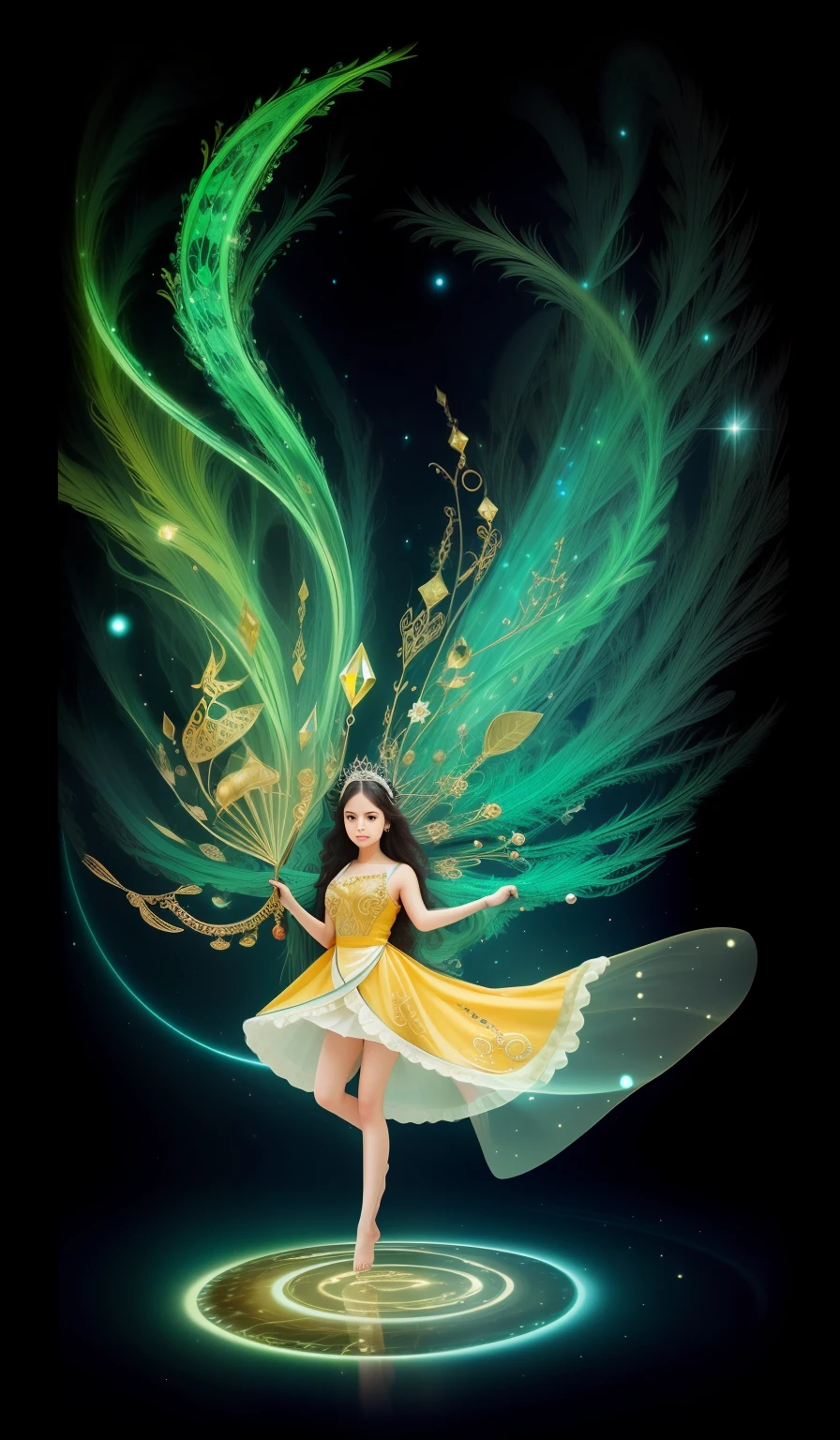 In the garden of the void, A beautiful little girl，Six years old，green colored skin，Four arms，trident，Peacock Ling，Black snake in hand，There are seven snake decorations on the hair，The body is decorated with many black snakes，Leopard skin apron，Yellow skirt，white streamer，Delicate and radiant skin，Barefoot，（Long curved eyebrows），Beautiful eyes sparkle，The large, Jewel-like eyes sparkle，Clear pupils have reflected light，二重まぶた，Lying silkworm，looks into camera，（（Plump and rosy lips）） Clearly visible，（（Flushed cheeks）），The mandible is plump，Green skin is delicate and smooth，Delicate skin translucent，A delicate and dexterous crown，inlaid gemstones，Delicate and skillfully set gemstones，（Yellow dress），Perfectly designed jewelry is exquisite，Beautiful eyes looking directly at the camera，(((nice hand)))，（（（（Good feet））），（（（good legs））），Realistic skin，（（Correct body structure）），Yellow costume，Blue sky，Head background with round light，Behind him is a colorful rainbow circle，Color glow is turned on，Front lighting，Positive light，No shadows on the face，There are no shadows on the body，Blue sky，Unreal space，ethereal world，dreamworld，with blue sky and white clouds，tmasterpiece，4K，ultra-definition，professional photoshooting，Perspective looks up，Standard lens shooting，