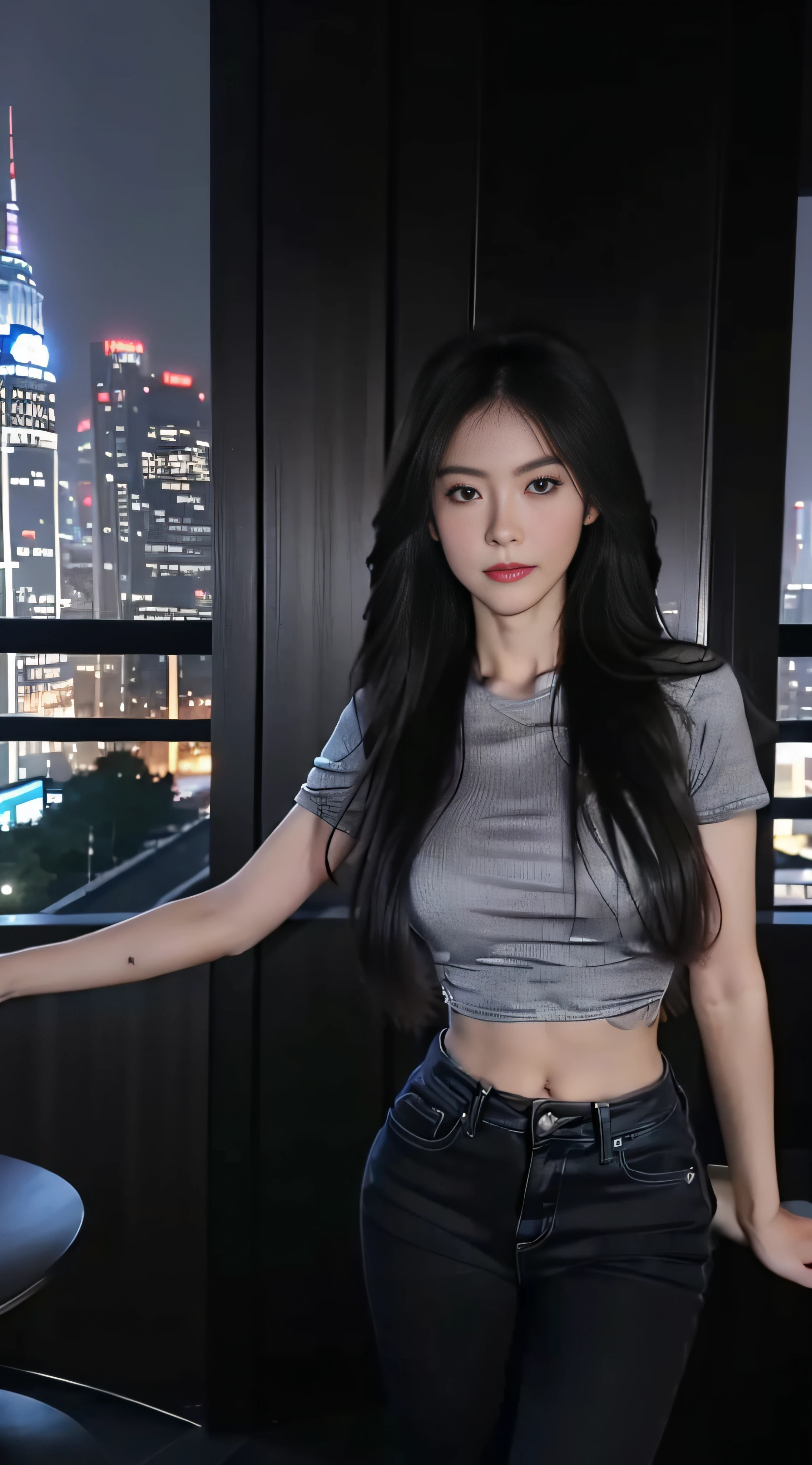 A Chinese woman on the rooftop of a tall building at night, fluffy hair, delicate face, realistic, real, slim, large aperture, sexy shot, attractive pose, Instagram model, wearing black jeans and gray top, tight jeans, long pants, cropped shirt, navel, short sleeves, gray shirt, tight shirt, black jeans, gray top,