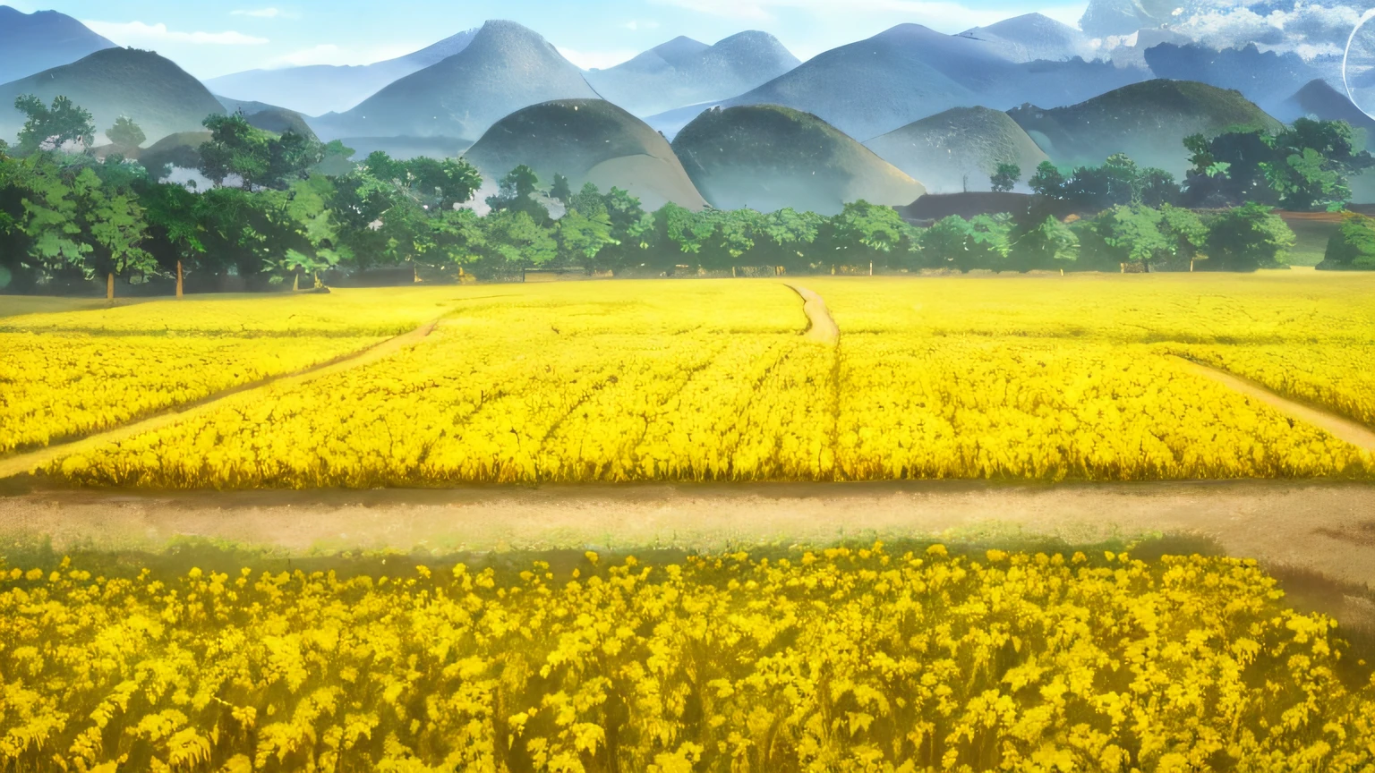 There is a vast wheat field, Wheat fields are interspersed with paths, , anime movie backgrounds, beautiful anime scenery, colorful anime movie background, anime beautiful peace scene, beautiful anime scenes, Anime landscapes, anime landscape wallpapers, anime backgrounds, flower field, Anime Nature, anime film still