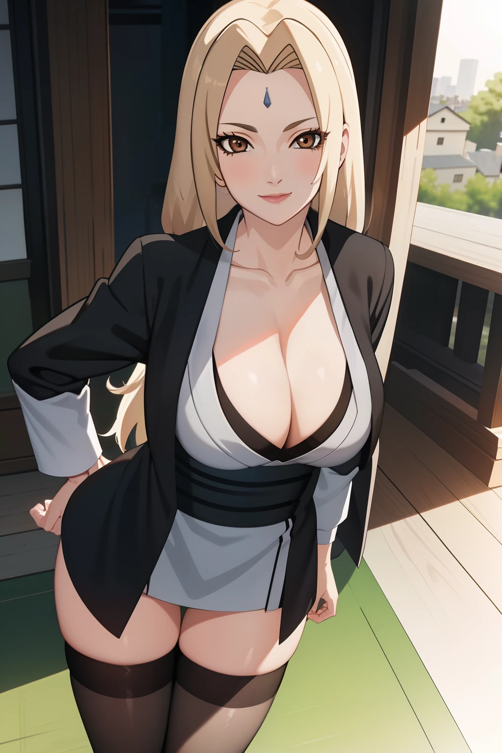tmasterpiece， Best quality at best， hight contrast， professional photoshooting， the soft light， tack sharp focus， 1girll， ssmile， Tsunade， blond hairbl，big cleavage breasts， a matural female， Long black stockings， 校服， Beautiful brown eyes，，