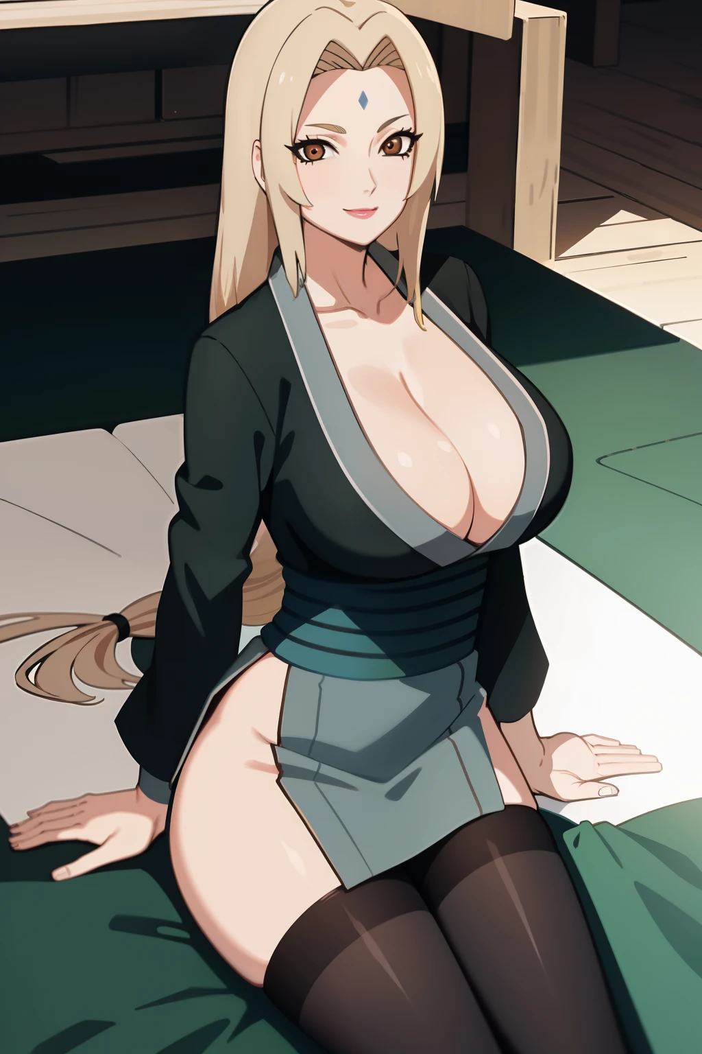 tmasterpiece， Best quality at best， hight contrast， professional photoshooting， the soft light， tack sharp focus， 1girll， ssmile， Tsunade， blond hairbl，big cleavage breasts， a matural female， Long black stockings， 校服， Beautiful brown eyes，，