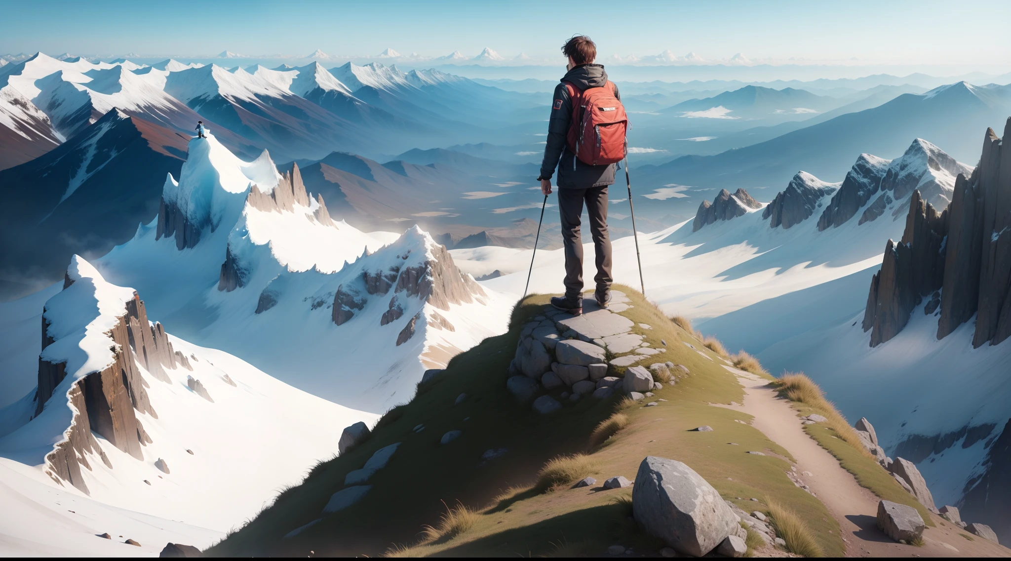 A figure standing on a mountain peak, having attained financial freedom