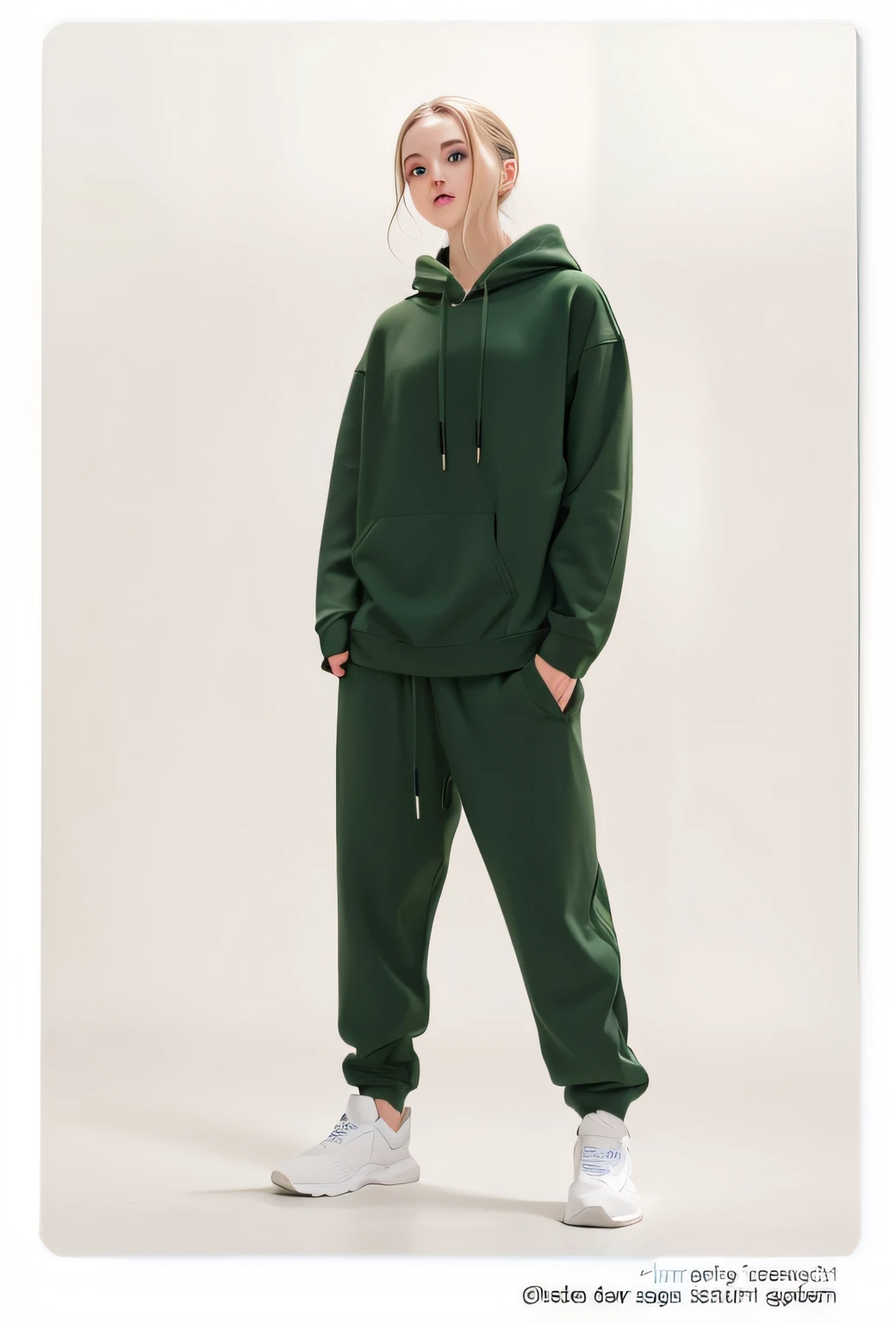 A Kazakhstani model woman in green hoodie and sweatpants standing in front of white background, wearing a hoodie and sweatpants, track suit, Wearing track suit, Green clothes, Wearing track suit, Forest green, casual green clothing, Dark green, Green clothing, hodie mihi cras tibi, wearing green clothing, Heavy green, wearing an oversized hoodie，brown  hair，with brown eye