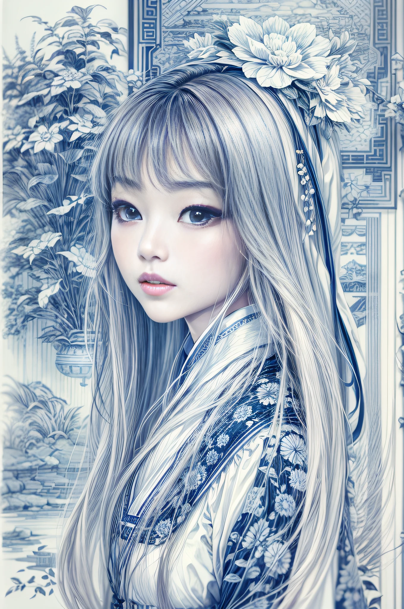 (Blue and white porcelain style:1.6),white backgrounid,1 Chinese girl with long hair,Oriental elements,reasonable design,Clear lines,(Linear,Mono Color)