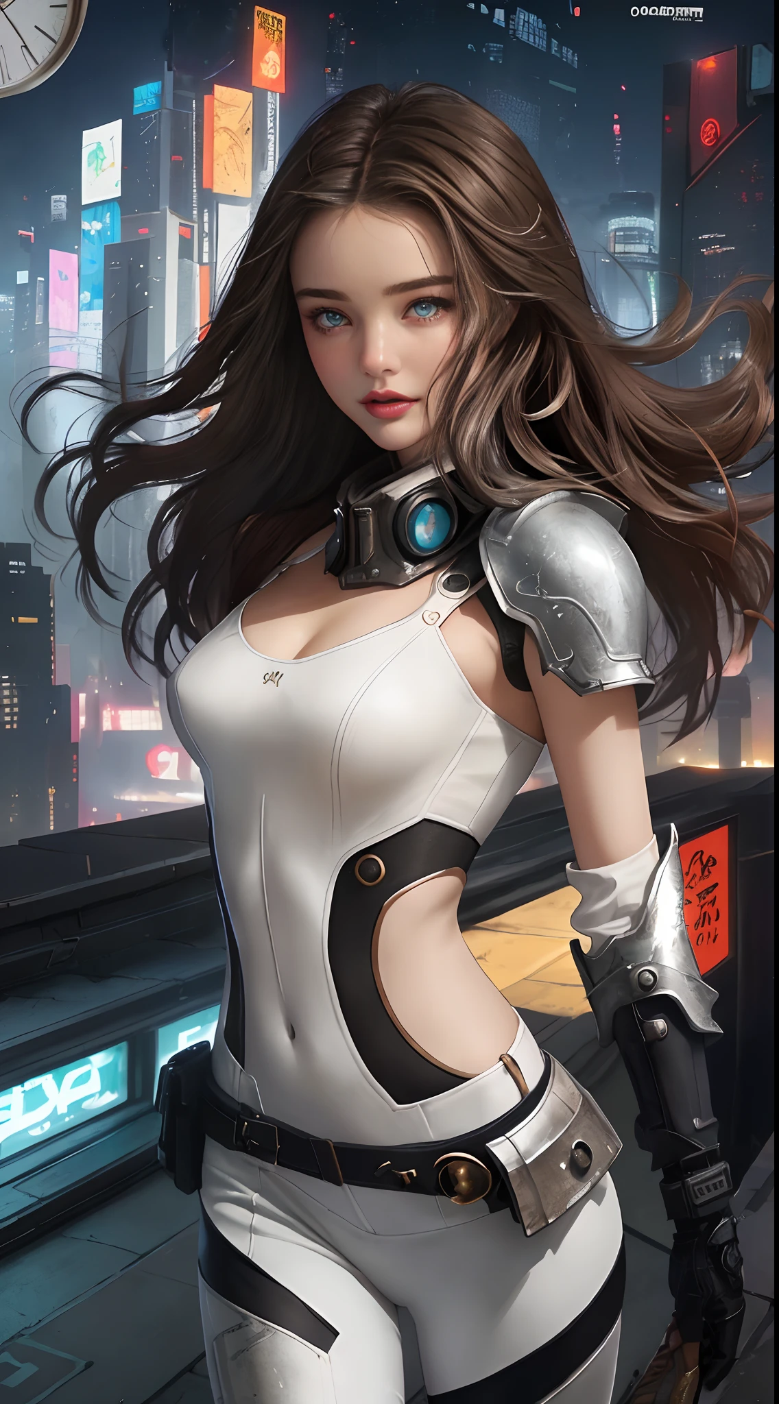 (Cate: Similar to Miranda Kerr & A perfect face & White cyberpunk dress & Full armor with pants & Ultra detailed hazel eyes & Tall & Slender & Pale skin & Dark brown hair cascading down to your shoulders & Small bust &Clock figure of sand)),| She Is Running On The Rooftops, Dynamic Poses, Background Futuristic Night City,|