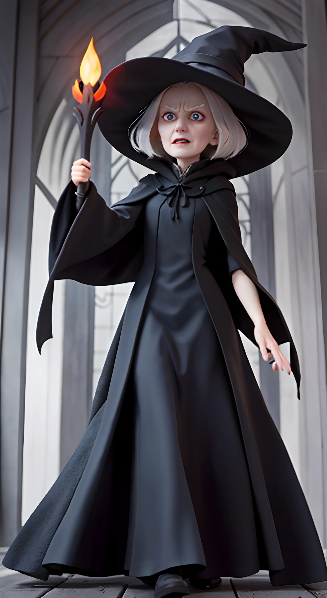 The 70-year-old white-haired witch wears a long black cloak,Long black dress,full bodyesbian,Evil expression,Hold the long scepter in your left hand