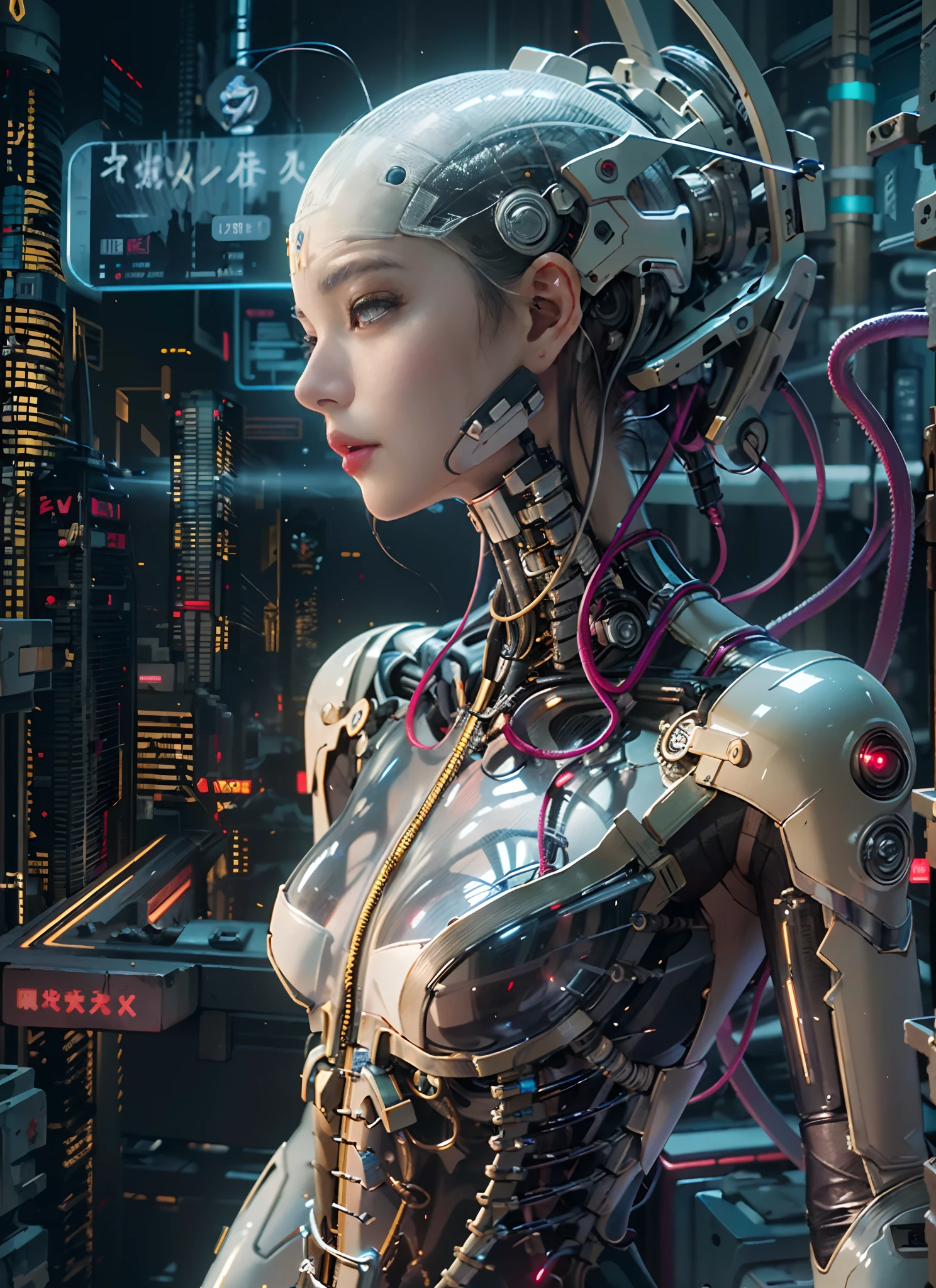 Top Quality, Masterpiece, Ultra High Resolution, ((Photorealistic: 1.4), Raw Photo, 1 cyberpunk android Girl, ((portrait)), Glossy Skin, (Ultra Realistic Details)), transparent plastic covering mechanical limbs, tubes connected to the mechanical parts, mechanical vertebrae attached to the spine, mechanical cervical attachment to the neck, wires and cables connecting to the head, Evangelion, ((Ghost in the Shell)), small glowing LED lamps, global lighting, deep shadows, Octane Rendering, 8K, Ultra Sharp, Metal, Intricate Ornament Details, baroque details, Very intricate details, realistic light, CGSoation trend, facing the camera, neon details, (android manufactory in background), art by H.R. Giger and Alphonse Mucha.