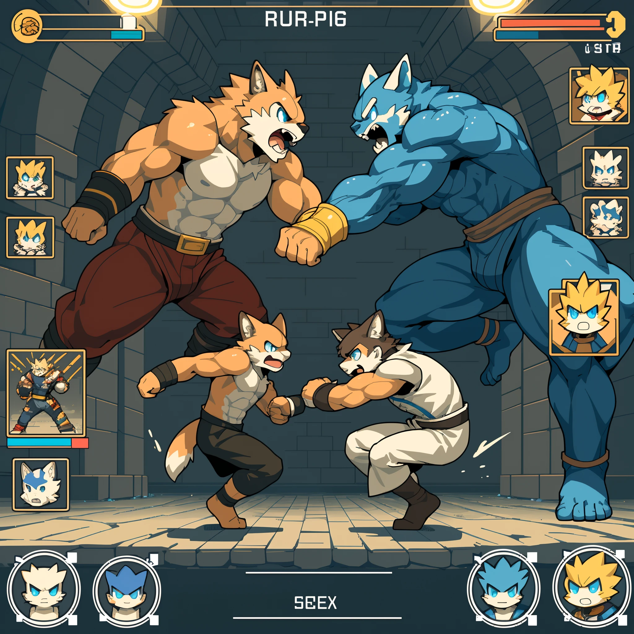 highres, absurdres(highly detailed beautiful face and eyes)perfect anatomy(kemono, furry anthro)(super handsome 2boys, pair)good lighting, cinematic shadow, detailed background, User Interface of Fighting game, dots game, pixel art, dungeon, Crisis, assorted poses, assorted expression, full body, sound effects, motion blur, from side,