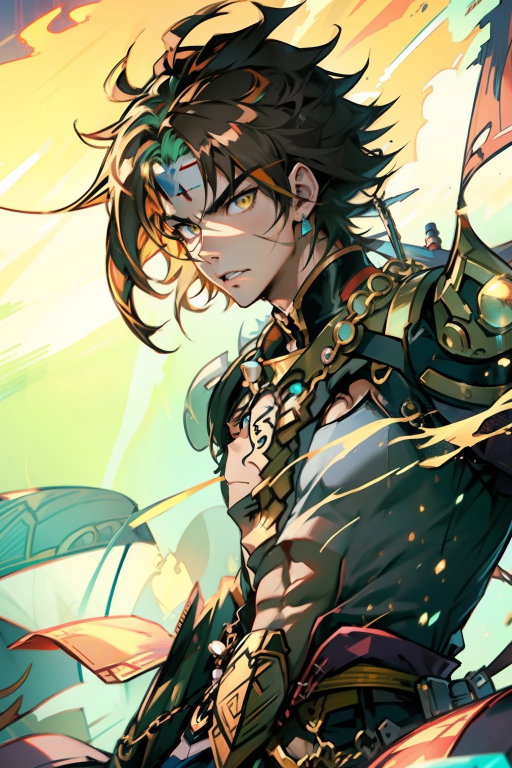 male people，((Masterpiece)), ((Best quality)), Ultra detailed,((illustration)), Dynamic Angle, Detailed light, (Delicate eyes), Floating, 1boy, Male focus, Head, Clothing, Yellow eyes, necklace, tattoo,hijabi sluty， (Forehead:0.8), (ahoge:0.8), jewelry, apathy，Ray， chest muscle， Sexy ,frontage，style of anime4 K， 4K anime wallpaper， Badass anime 8 K， 4 k comic wallpaper， young anime man， Anime boys， Anime wallpapers 4 k， Anime wallpaper 4K， High quality anime art style， Anime moe art style， Anime art wallpaper 8 K， Anime art wallpaper 4 K， RGB lighting