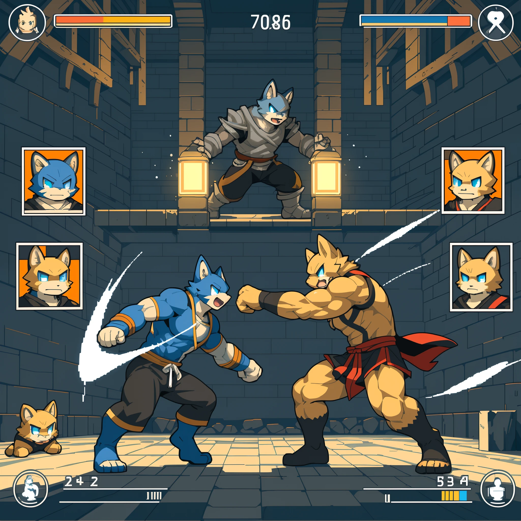 highres, absurdres(highly detailed beautiful face and eyes)perfect anatomy(kemono, furry anthro)(super handsome 2boys, pair)good lighting, cinematic shadow, detailed background, User Interface of Fighting game, dots game, pixel art, dungeon, Crisis, assorted poses, assorted expression, full body, sound effects, motion blur, from side,