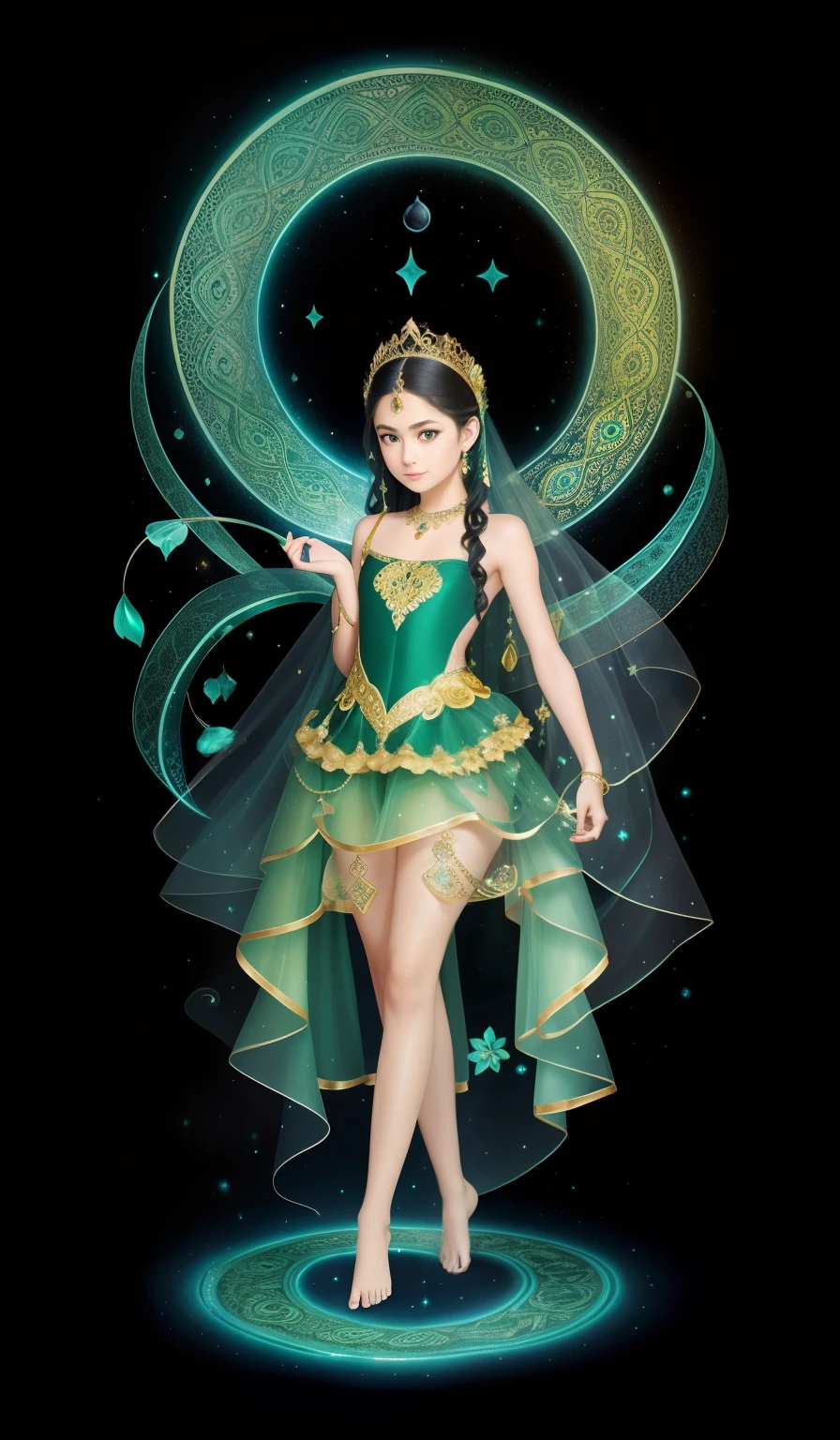 In the garden of the void, A beautiful little girl,Six years old,green colored skin,Four arms,trident,Peacock Ling,Black snake in hand,There are seven snake decorations on the hair,The body is decorated with many black snakes,Leopard skin apron,Yellow skirt,white streamer,Delicate and radiant skin,Barefoot,(Long curved eyebrows),Beautiful eyes sparkle,The large, Jewel-like eyes sparkle,Clear pupils have reflected light,二重まぶた,Lying silkworm,looks into camera,((Plump and rosy lips)) Clearly visible,((Flushed cheeks)),The mandible is plump,Green skin is delicate and smooth,Delicate skin translucent,A delicate and dexterous crown,inlaid gemstones,Delicate and skillfully set gemstones,(Yellow dress),Perfectly designed jewelry is exquisite,Beautiful eyes looking directly at the camera,(((nice hand))),((((Good feet))),(((good legs))),Realistic skin,((Correct body structure)),Yellow costume,Blue sky,Head background with round light,Behind him is a colorful rainbow circle,Color glow is turned on,Front lighting,Positive light,No shadows on the face,There are no shadows on the body,Blue sky,Unreal space,ethereal world,dreamworld,with blue sky and white clouds,tmasterpiece,4K,ultra-definition,professional photoshooting,Perspective looks up,Standard lens shooting,