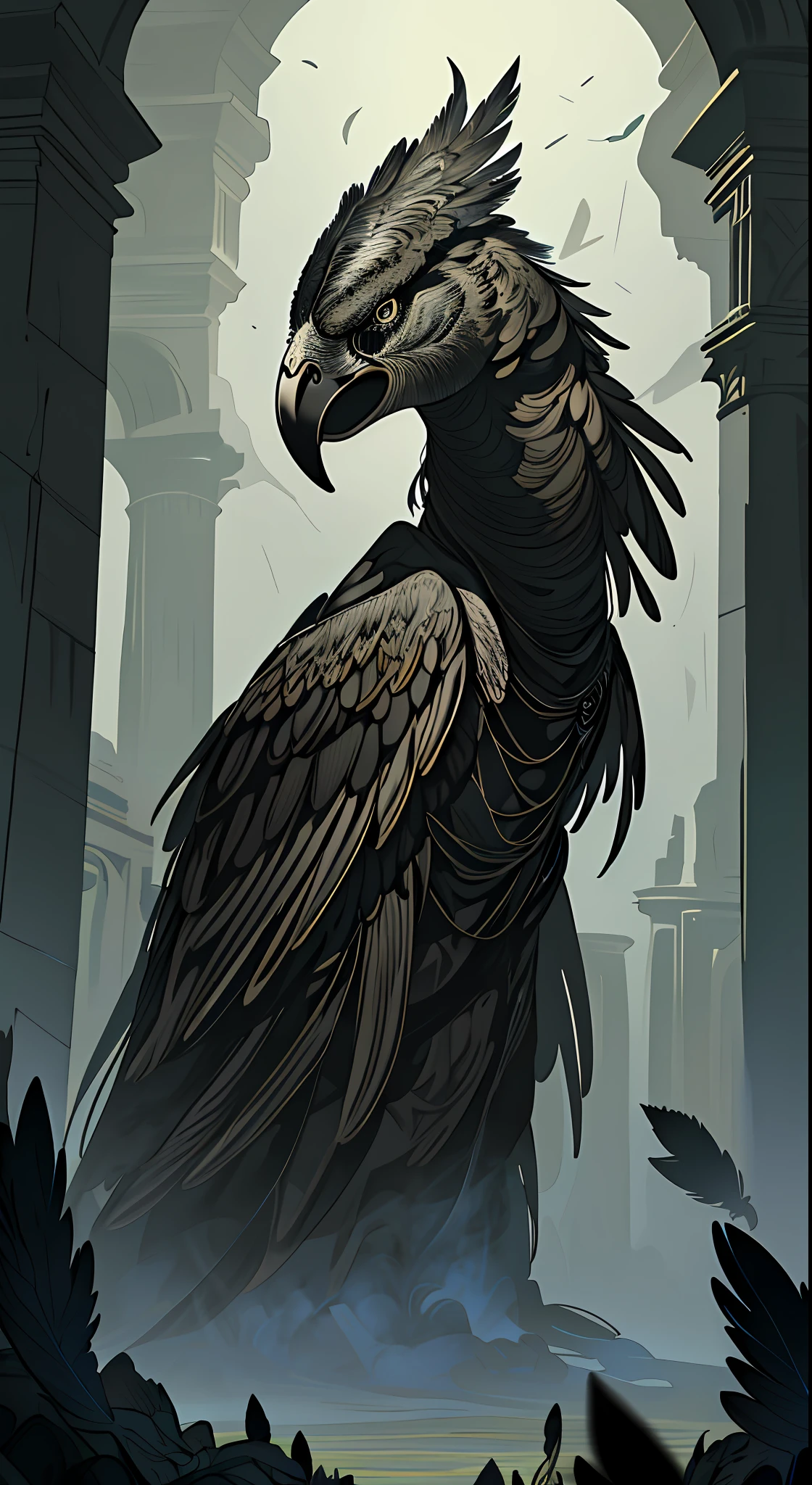 "An ultra-detailed masterpiece dark ruins with intricate details emphasized on the large black feathers. The realism of the image is highlighted by delicate lighting a best-quality and ultra-detailed illustration."