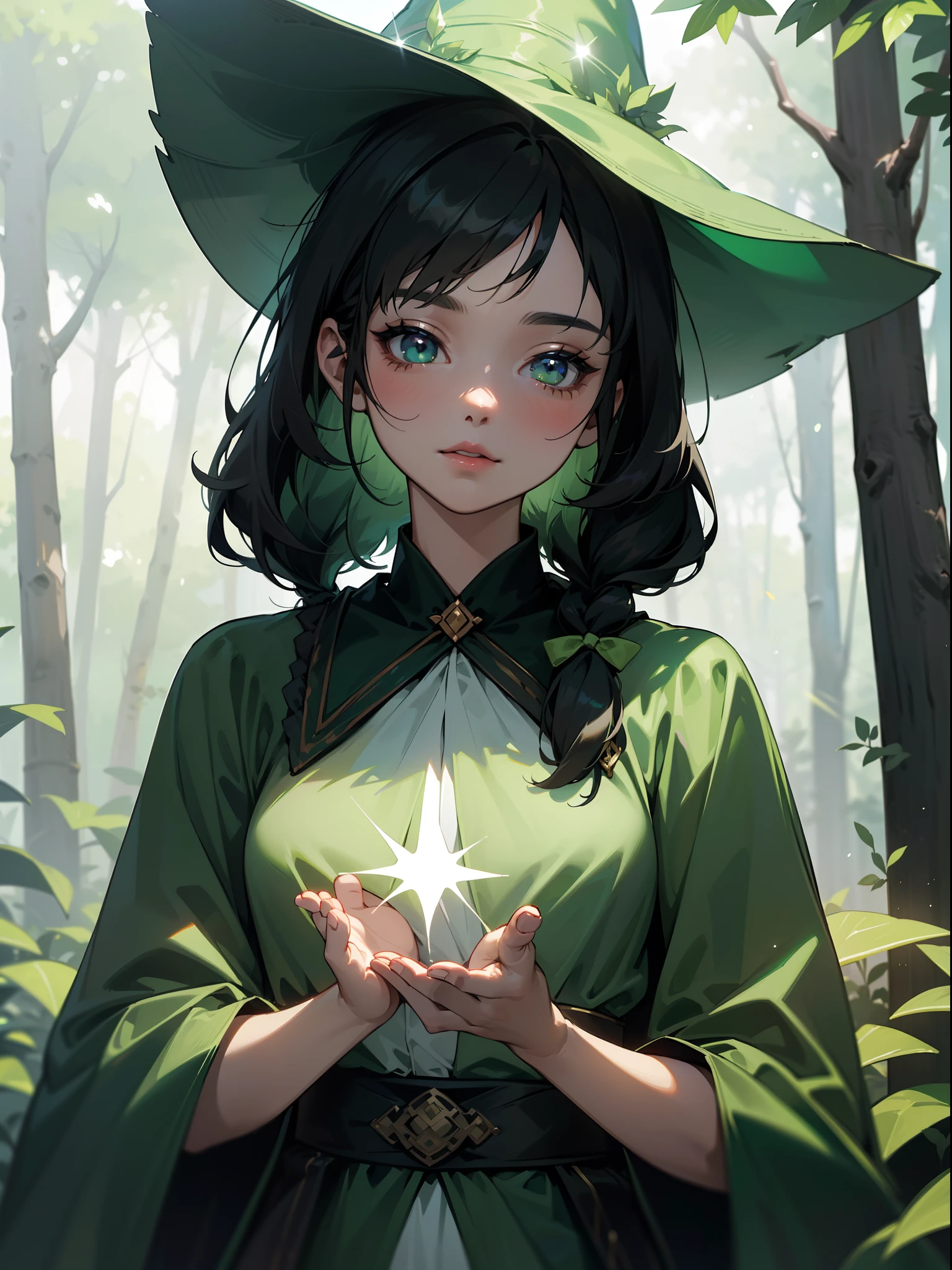 (Simple green witch robe and big green shirt,Cute girl with simple green witch big hat and braid, Cute black hair girl, Approx., short height, Dark hair , Green dressing gown, Split lips,Upper body, light Particle, forest, Intense sunlight,Effect of twinkling aerial light,Oversized shirt,lanthanum),masterpiece, top-quality, detailed skin textures, Detailed Cloth Texture, beautifull detailed face, intricate detailes, ultra-detailliert, Regina Display, Super Detail, high details, High quality, Best Quality, hight resolution, 1080p, in 8K,