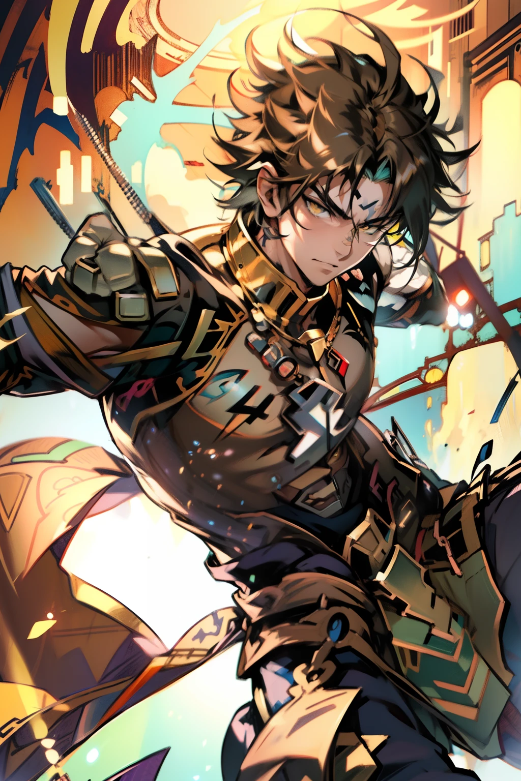 male people,((Masterpiece)), ((Best quality)), Ultra detailed,((illustration)), Dynamic Angle, Detailed light, (Delicate eyes), Floating, 1boy, Male focus, Head, Clothing, Yellow eyes, necklace, tattoo,hijabi sluty, (Forehead:0.8), (ahoge:0.8), jewelry, apathy,Ray, chest muscle, Sexy ,frontage,style of anime4 K, 4K anime wallpaper, Badass anime 8 K, 4 k comic wallpaper, young anime man, Anime boys, Anime wallpapers 4 k, Anime wallpaper 4K, High quality anime art style, Anime moe art style, Anime art wallpaper 8 K, Anime art wallpaper 4 K, RGB lighting