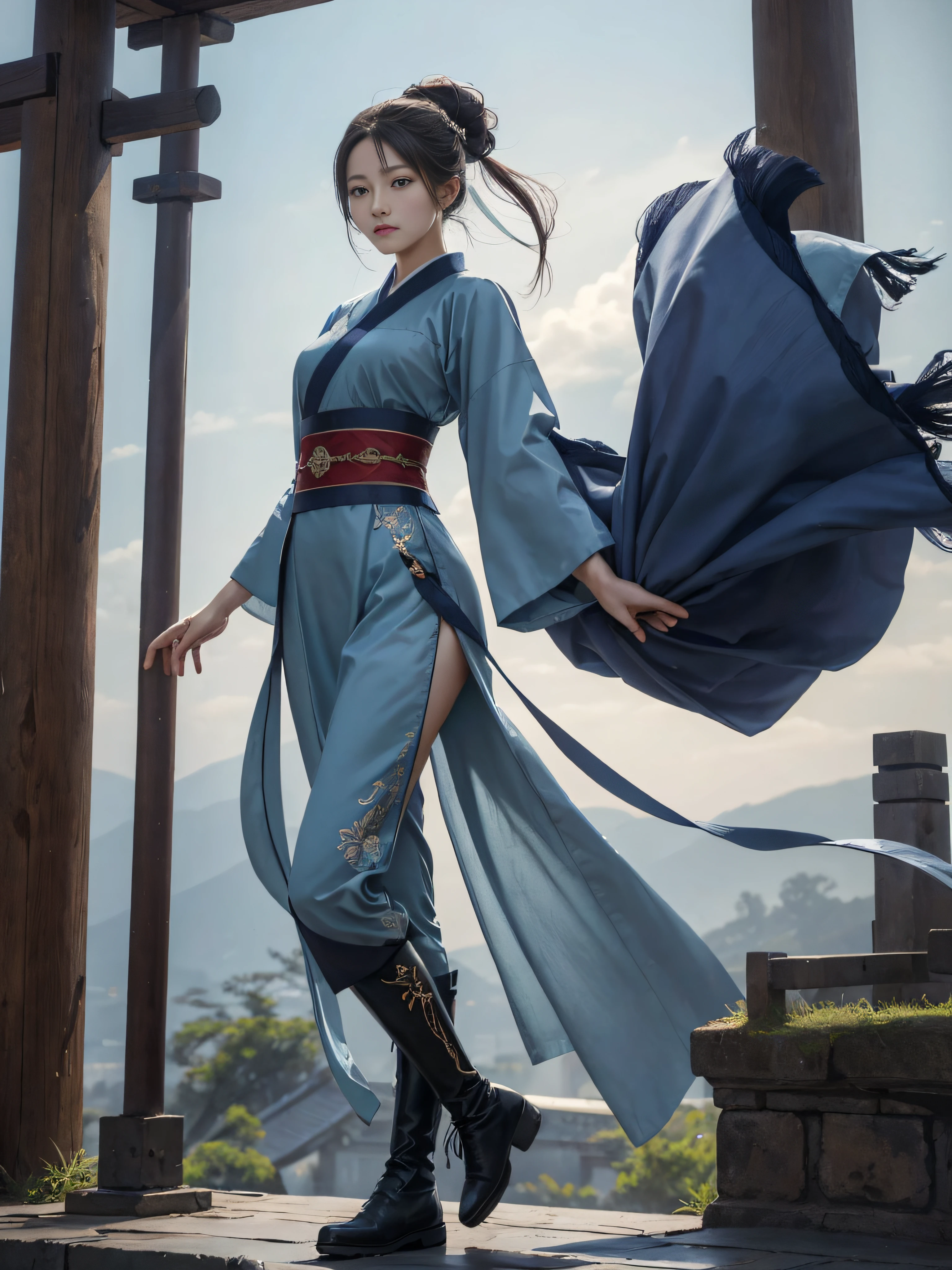Royal sister，swordsmen，Big sister type，Oriental women，gallant woman，Cold sass，Different styles,tmasterpiece,A high resolution,,Absolutely beautiful,，（Wide buttock：1.4），（Thick legs：1.4），are standing，exquisitedetails,A high resolution,Wallpapers,1female,独奏,，enchanted、Raised sexy， A cruel expression，ancient wind，Hanfu,，Wear long pants，Wear boots，embroidery, natural poses,standing on your feet， Fanning，16K，HDR，A high resolution，depth of fields，Bocoon，prime time，Vignette，rainbowing