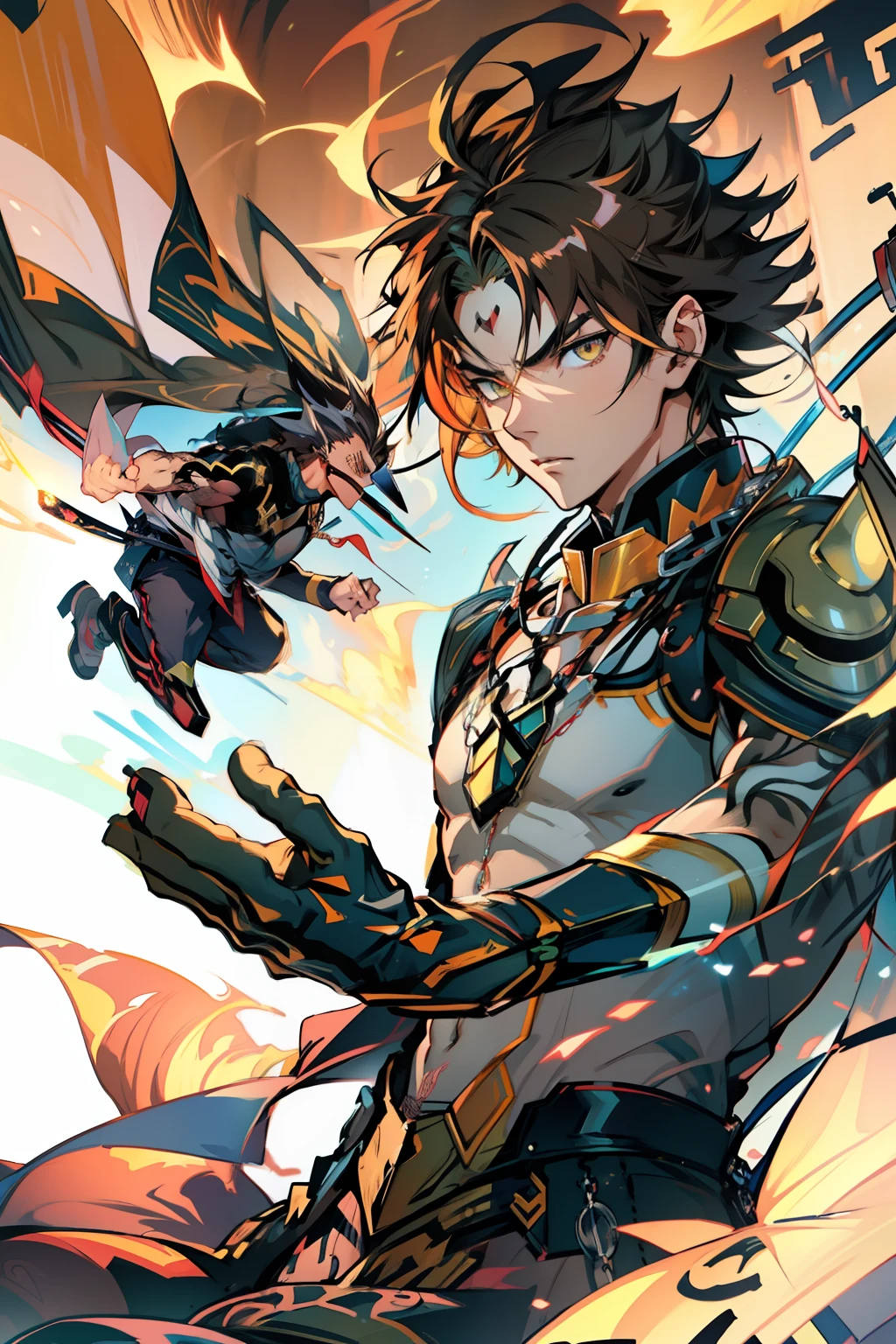 male people,((Masterpiece)), ((Best quality)), Ultra detailed,((illustration)), Dynamic Angle, Detailed light, (Delicate eyes), Floating, 1boy, Male focus, Head, Clothing, Yellow eyes, necklace, tattoo, (Forehead:0.8), (ahoge:0.8), jewelry, apathy,Ray, chest muscle, Sexy ,frontage,style of anime4 K, 4K anime wallpaper, Badass anime 8 K, 4 k comic wallpaper, young anime man, Anime boys, Anime wallpapers 4 k, Anime wallpaper 4K, High quality anime art style, Anime moe art style, Anime art wallpaper 8 K, Anime art wallpaper 4 K, RGB lighting