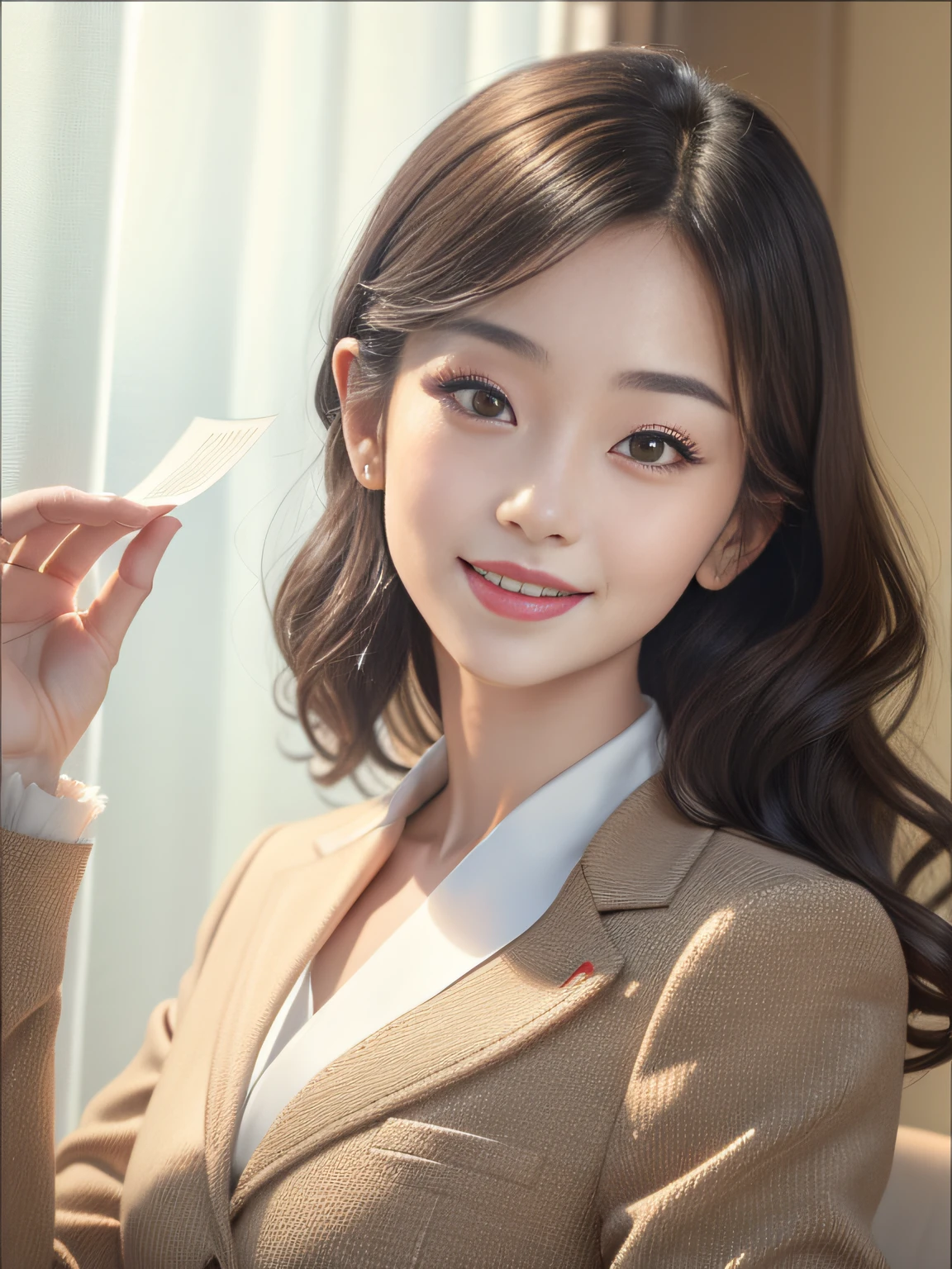 Real, Photo, {Realistic}, {incredibly_absurderes}, Bust, Transparent_Background：2.5, {Girl},ChineseGirl：1.3， Medium hair, Brown hair, Cute face, Side 1 of the face/3，Light smile, Beautiful detailed eyes, Brown eyes, Medium breasts, Wear a suit, realisticlying, Masterpiece, Best quality