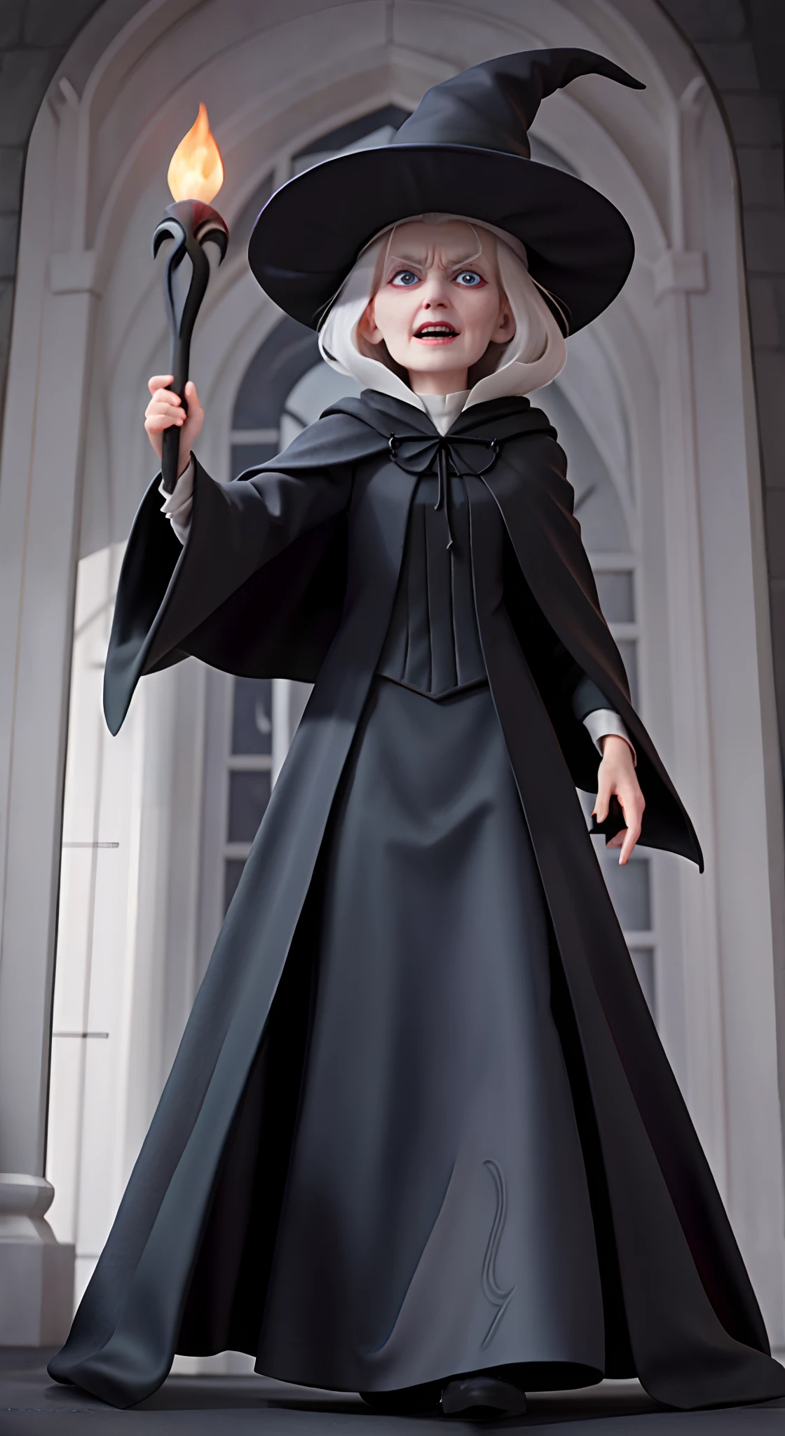 The 70-year-old white-haired witch wears a long black cloak,Long black dress,full bodyesbian,Evil expression,Hold the long scepter in your left hand
