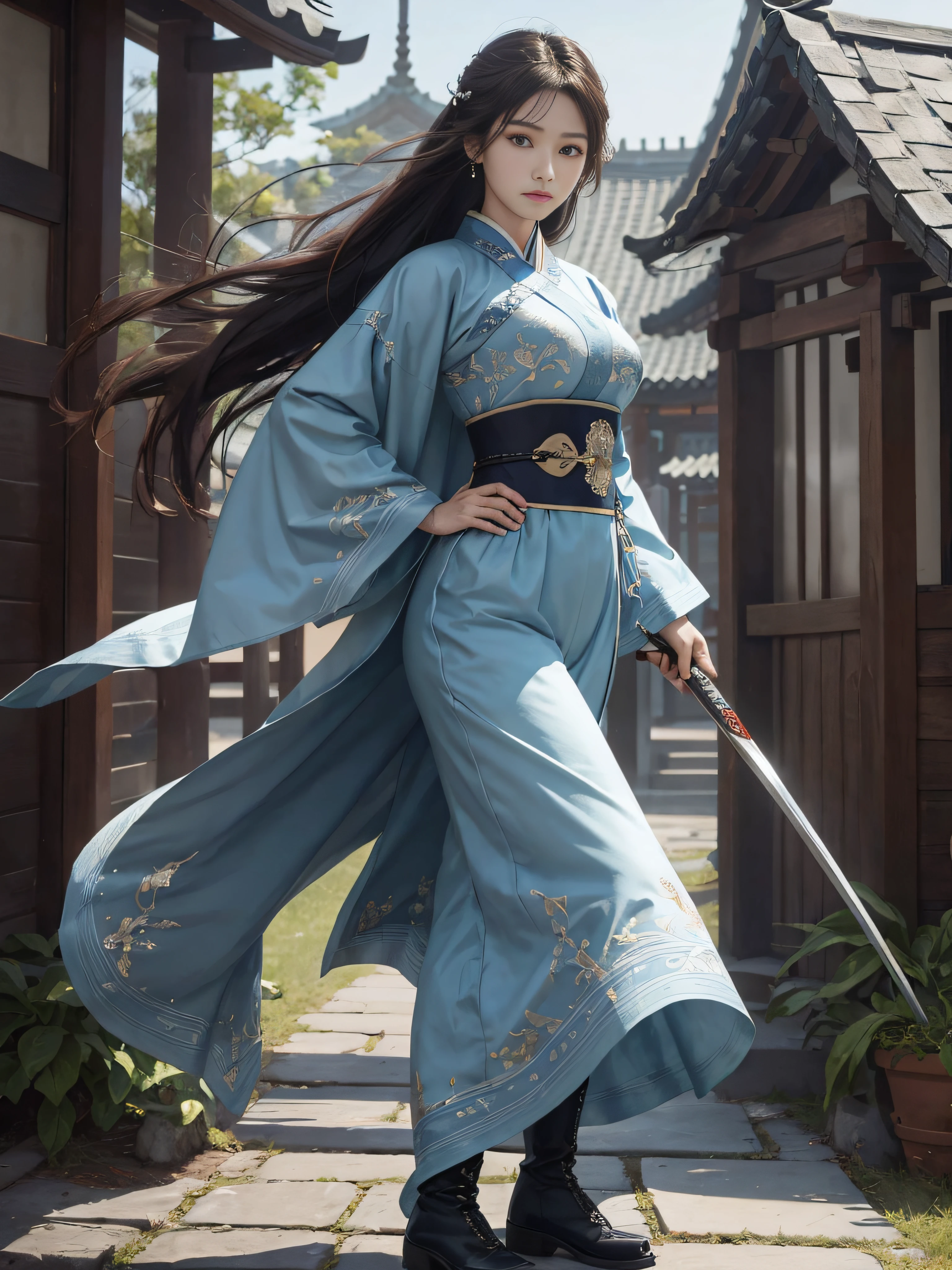Royal sister,swordsmen,Big sister type,Oriental women,gallant woman,Cold sass,Different styles,tmasterpiece,A high resolution,,Absolutely beautiful,,(Wide buttock:1.4),(Thick legs:1.4),are standing,exquisitedetails,A high resolution,Wallpapers,1female,独奏,,enchanted、Raised sexy, A cruel expression,ancient wind,Hanfu,,Wear long pants,Wear boots,embroidery, natural poses,standing on your feet, Fanning,16K,HDR,A high resolution,depth of fields,Bocoon,prime time,Vignette,rainbowing